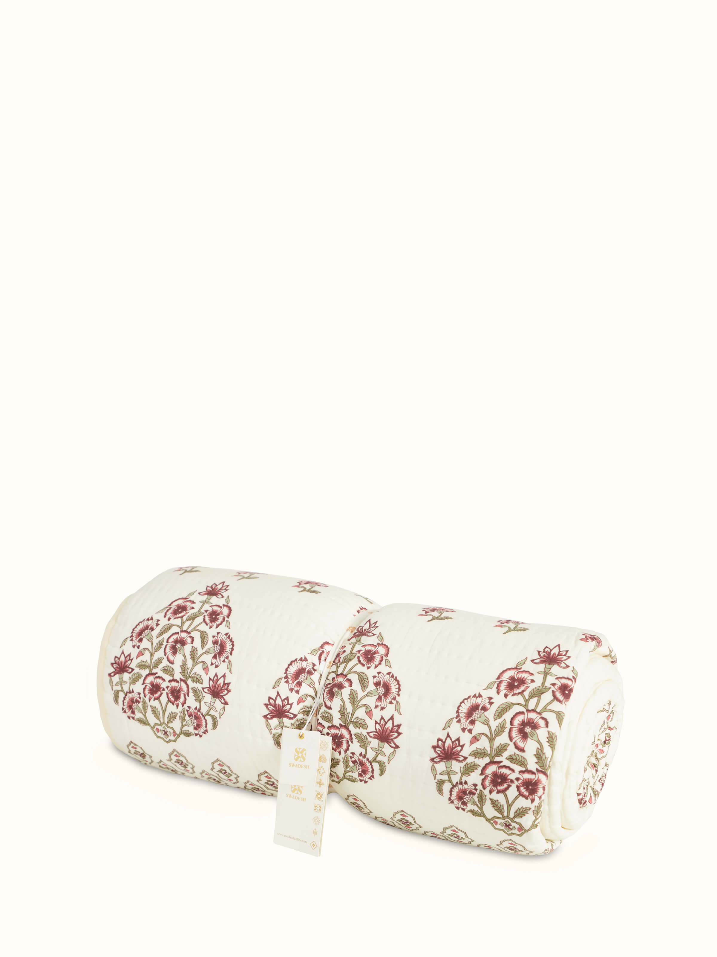 Close-up of the Aarunya red floral cotton Sanganeri block printed double quilt showing detailed floral block print pattern