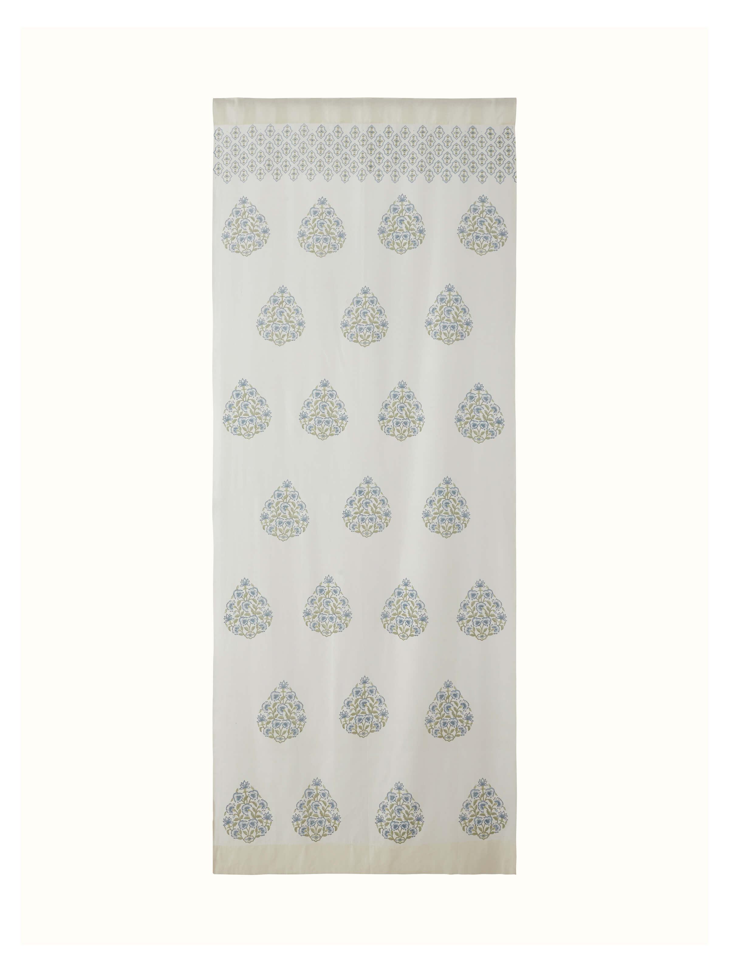 Aarunya Blue Buta Cotton Silk Sanganeri Hand Block Printed Sheer Curtain (9 Ft)