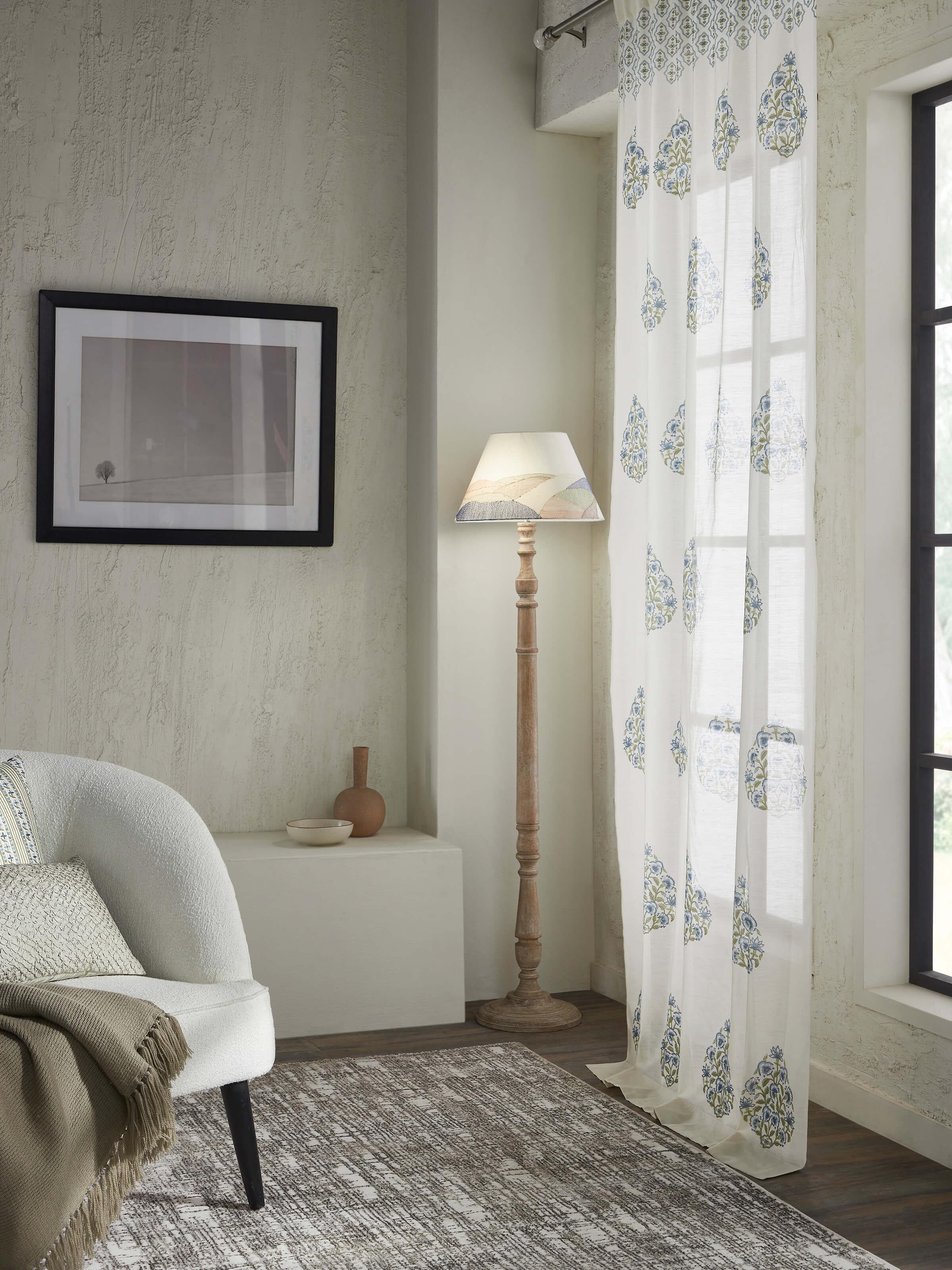 Aarunya Blue Buta Cotton Silk Sanganeri Hand Block Printed Sheer Curtain (9 Ft)
