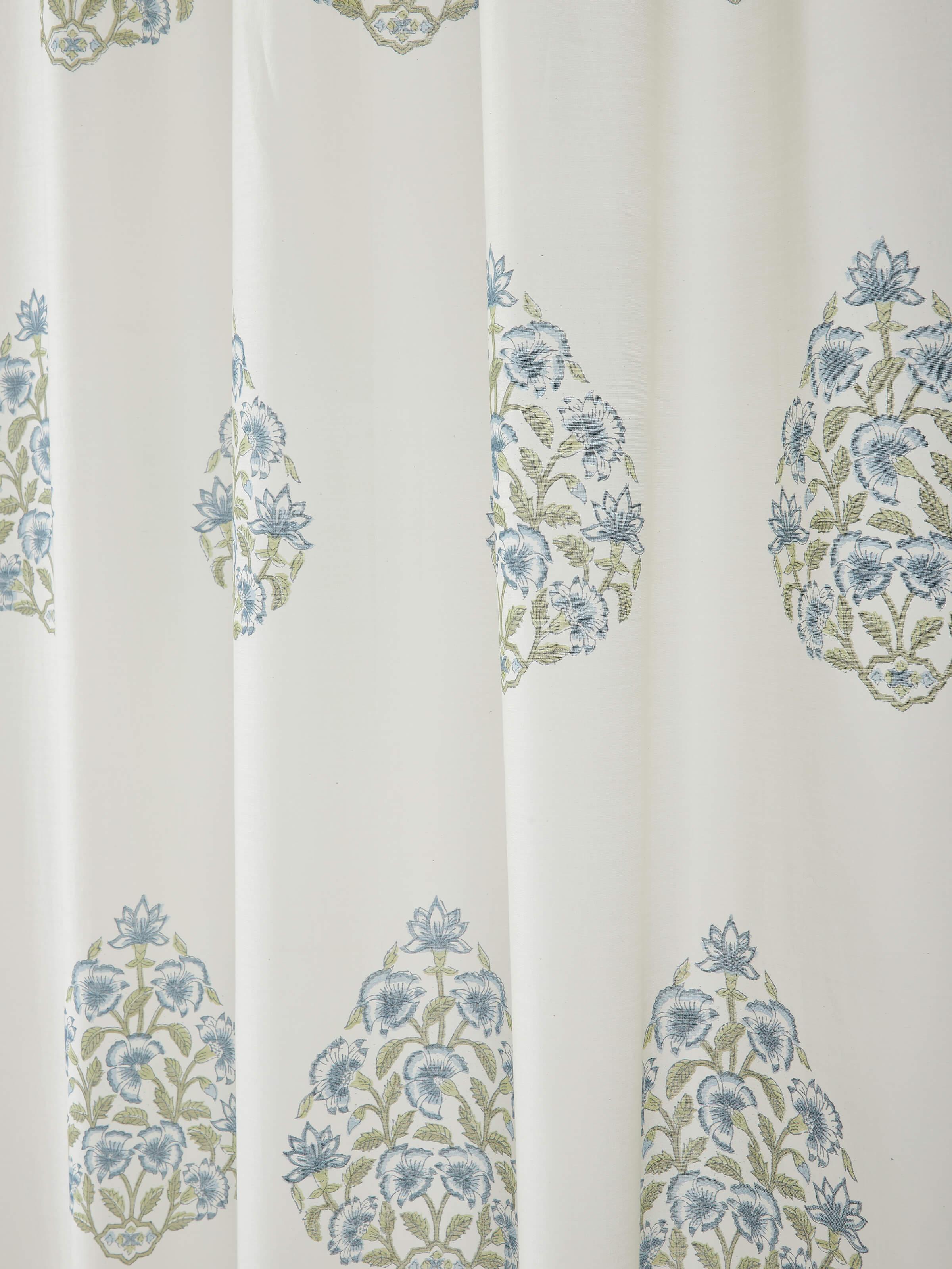 Aarunya Blue Buta Cotton Silk Sanganeri Hand Block Printed Sheer Curtain (9 Ft)