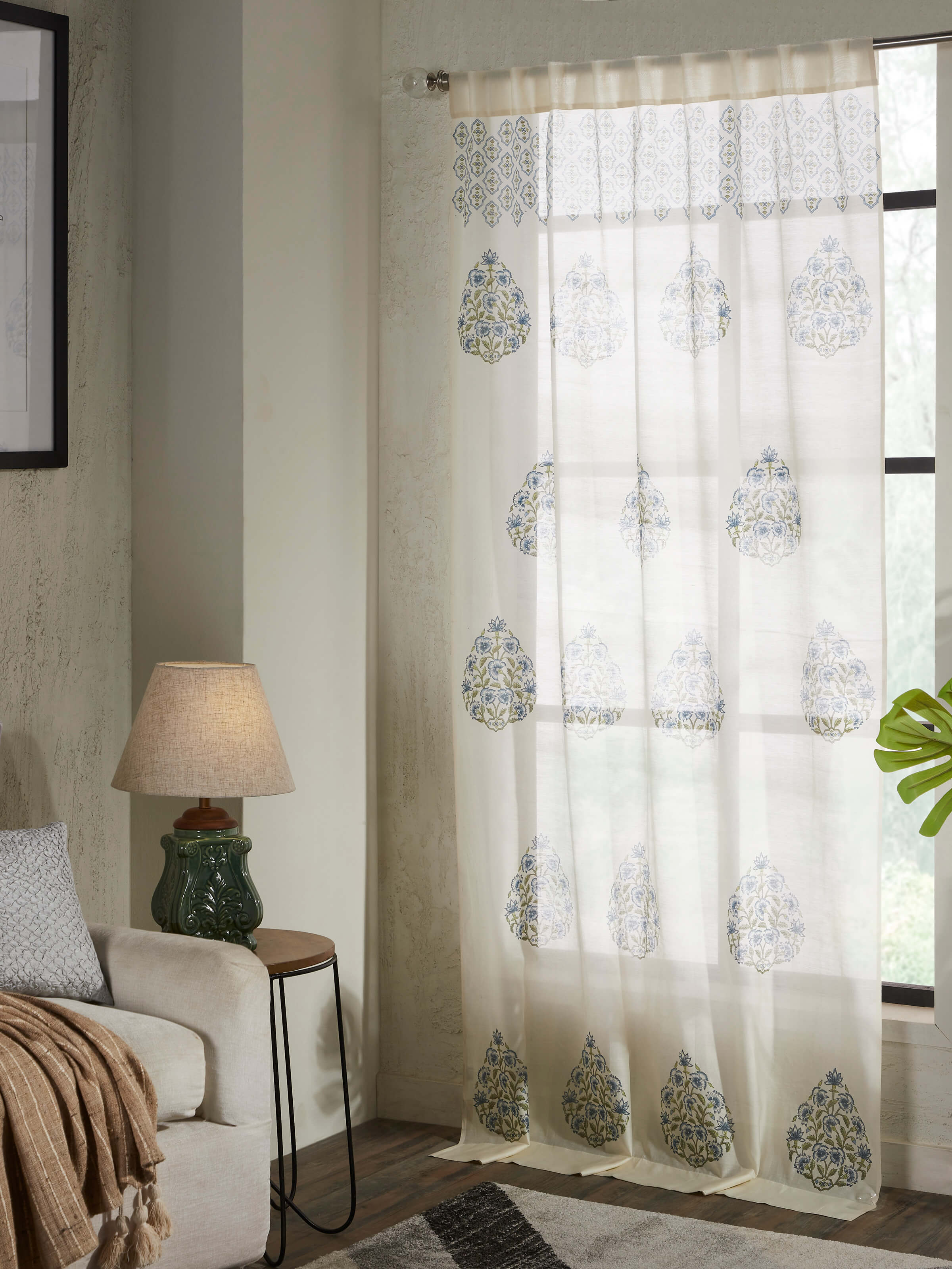 Side view of Aaarunya Blue Floral Buta Cotton Silk Sanganeri Block Printed Sheer Curtain (7 ft) displaying the flow and print.