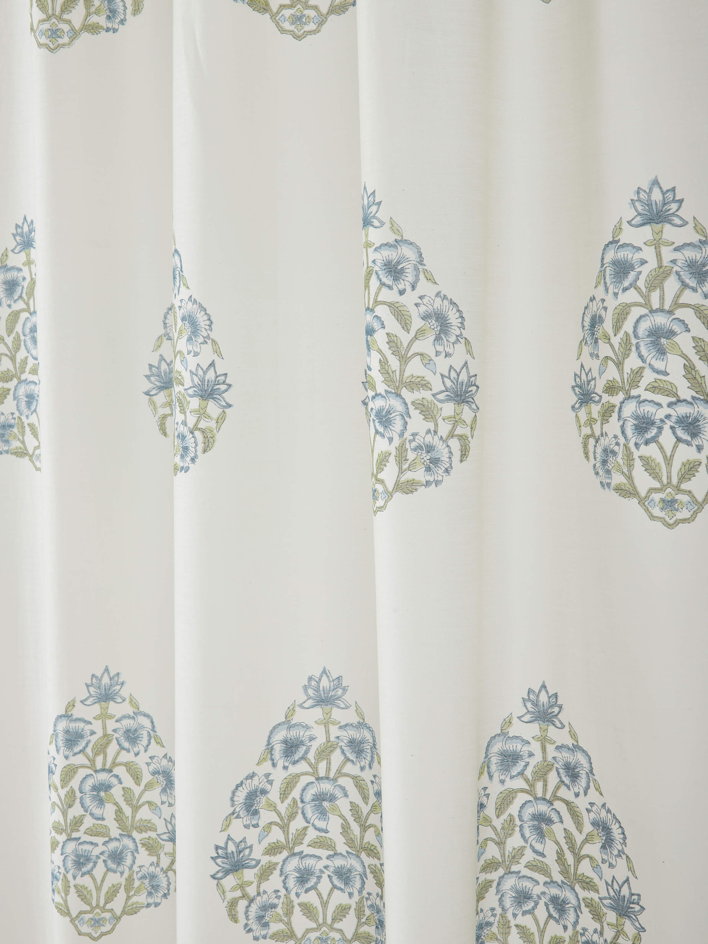 Close-up of Aaarunya Blue Floral Buta Cotton Silk Sanganeri Block Printed Sheer Curtain (7 ft) showing intricate block print design.