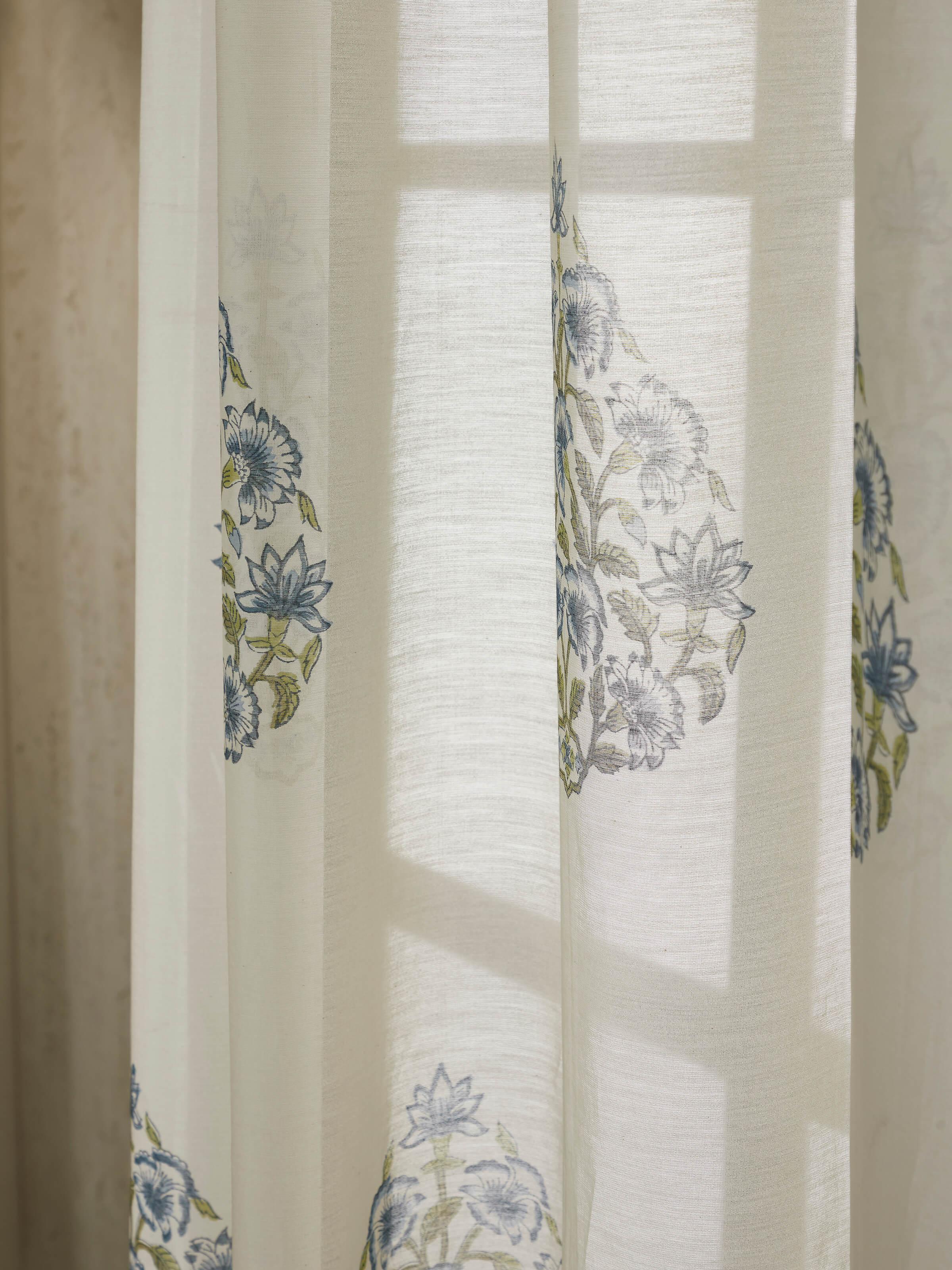 Bird’s-eye view of Aaarunya Blue Floral Buta Cotton Silk Sanganeri Block Printed Sheer Curtain (7 ft) highlighting the overall pattern.