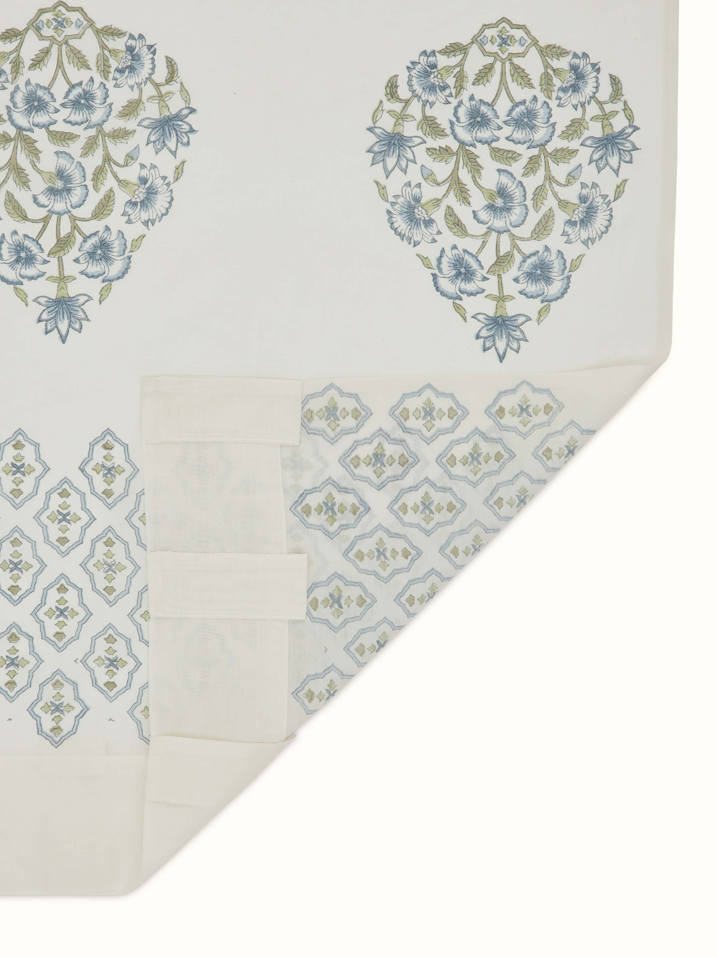 Front view of Aaarunya Blue Floral Buta Cotton Silk Sanganeri Block Printed Sheer Curtain (7 ft) displaying the fabric in natural light.