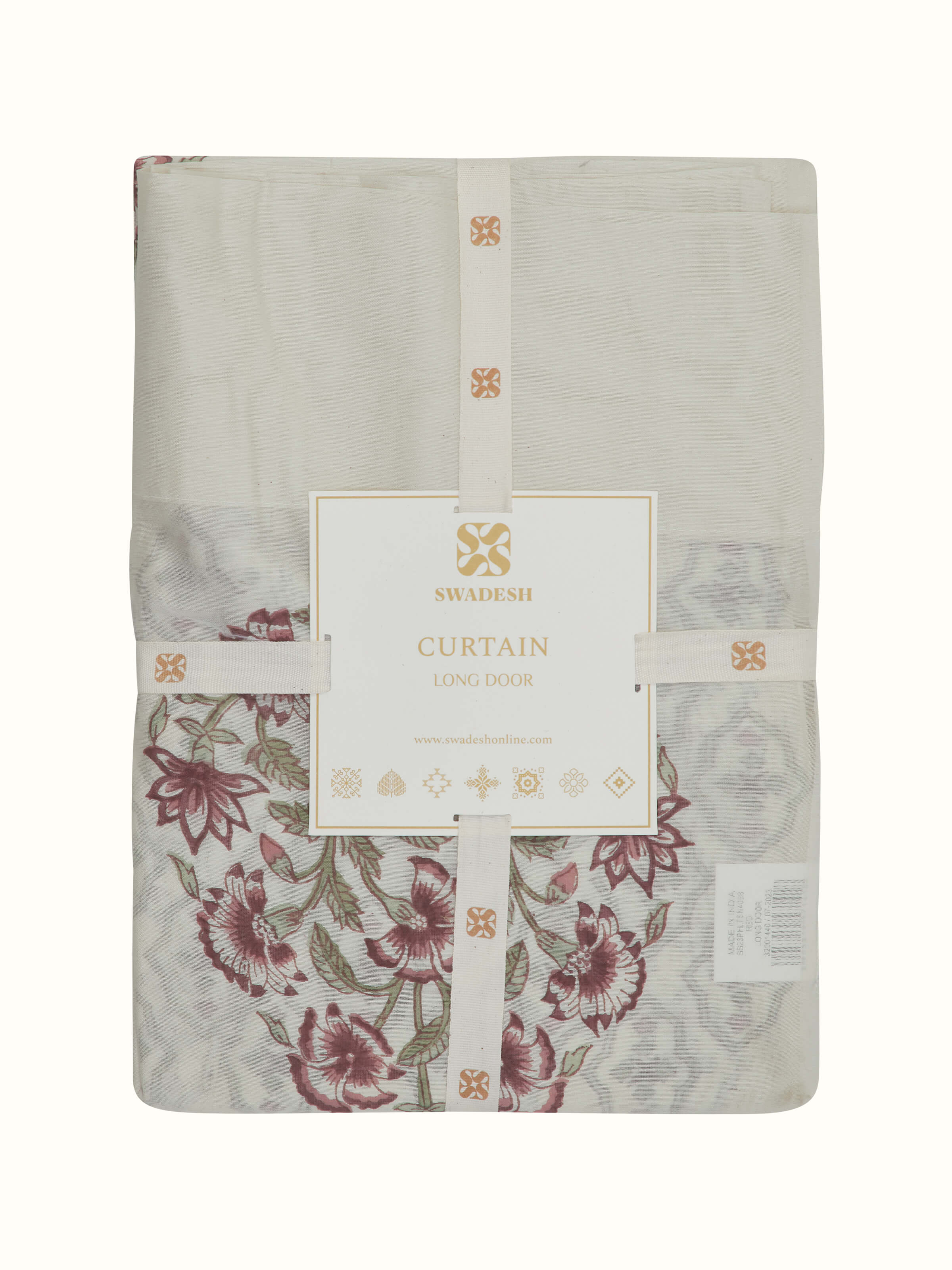 Detailed view of Aaarunya red floral buta cotton silk Sanganeri block printed sheer curtain (9 ft) showing the intricate floral buta design.