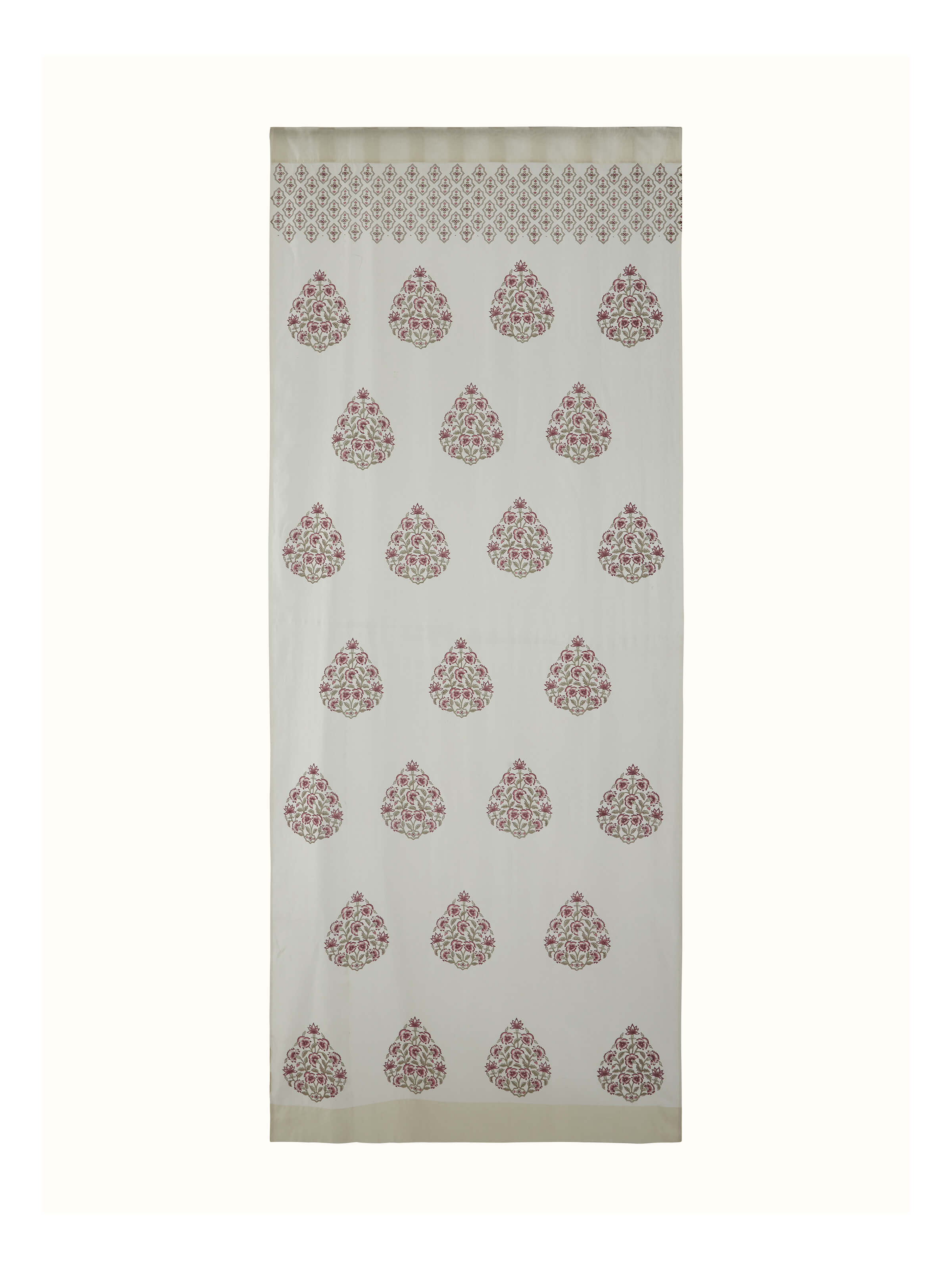 Aaarunya red floral buta cotton silk Sanganeri block printed sheer curtain, featuring a vibrant red floral design.