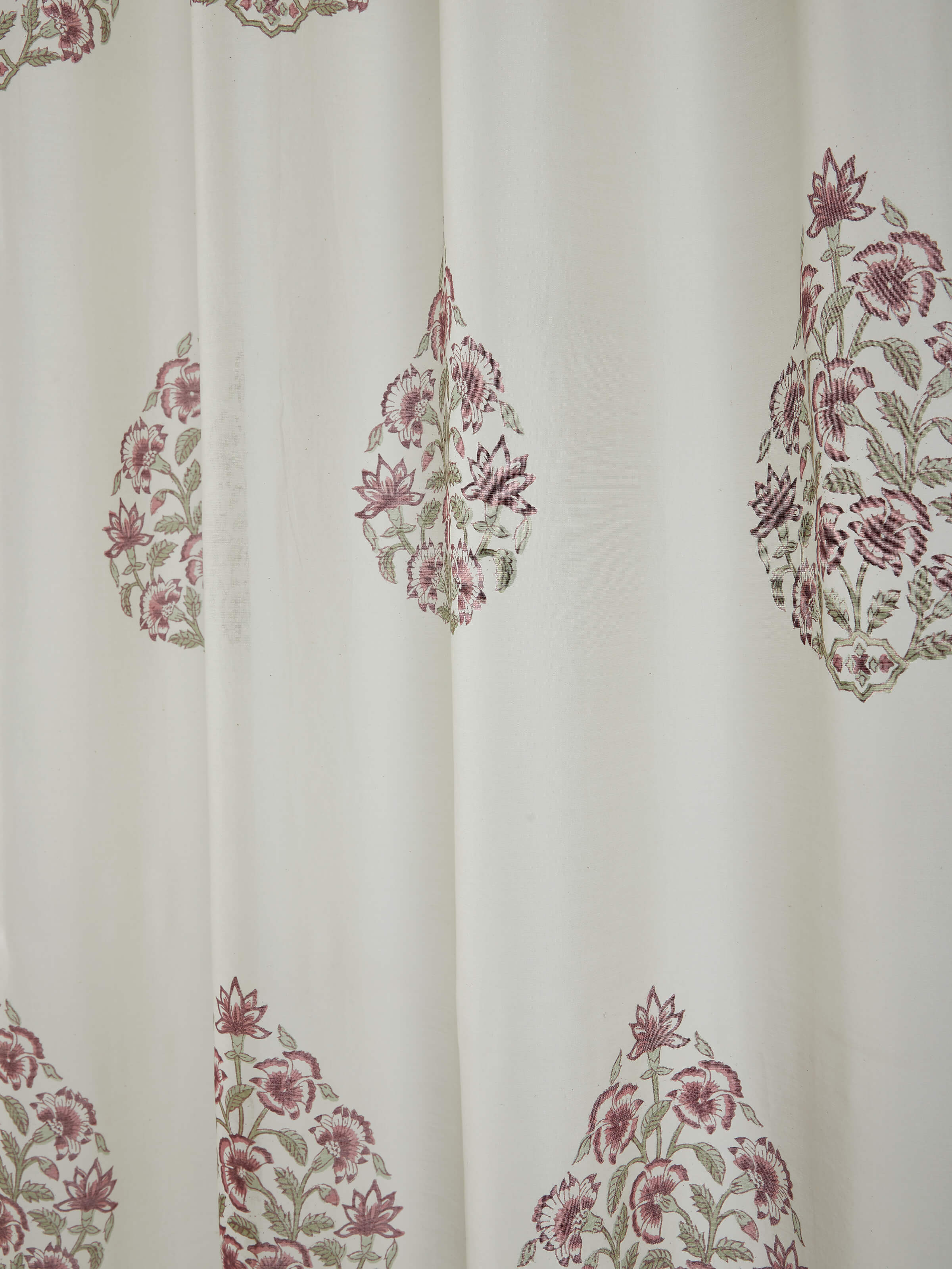 Detailed view of the Aaarunya red floral buta cotton silk Sanganeri block printed sheer curtain, showcasing its sheer fabric and elegant design.