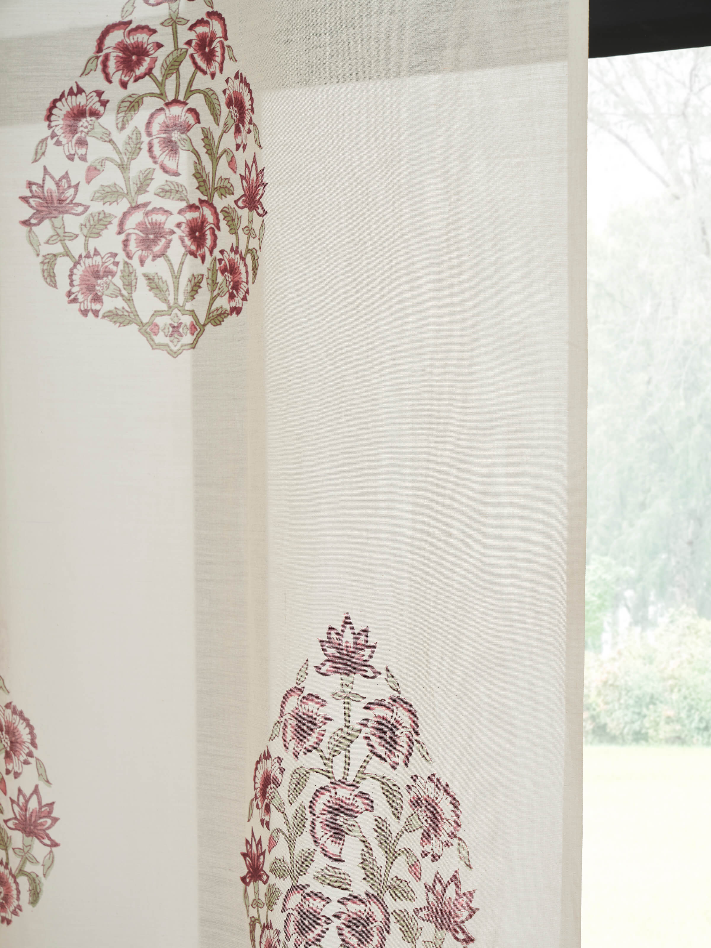 Full view of the Aaarunya red floral buta cotton silk Sanganeri block printed sheer curtain, displaying its luxurious fabric and vibrant color.