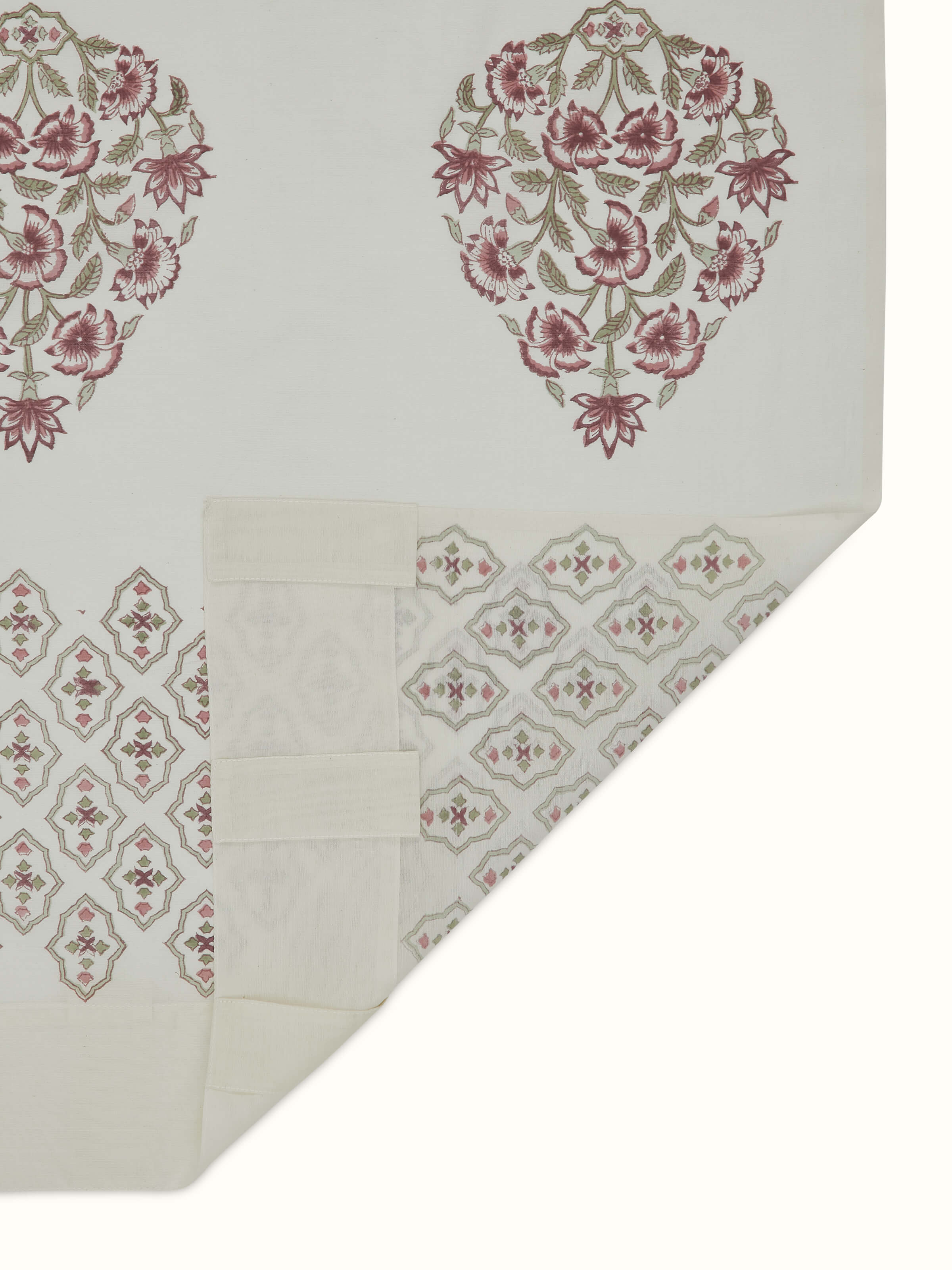 Aaarunya red floral buta cotton silk Sanganeri block printed sheer curtain in a room setting, illustrating its elegant drape and design.