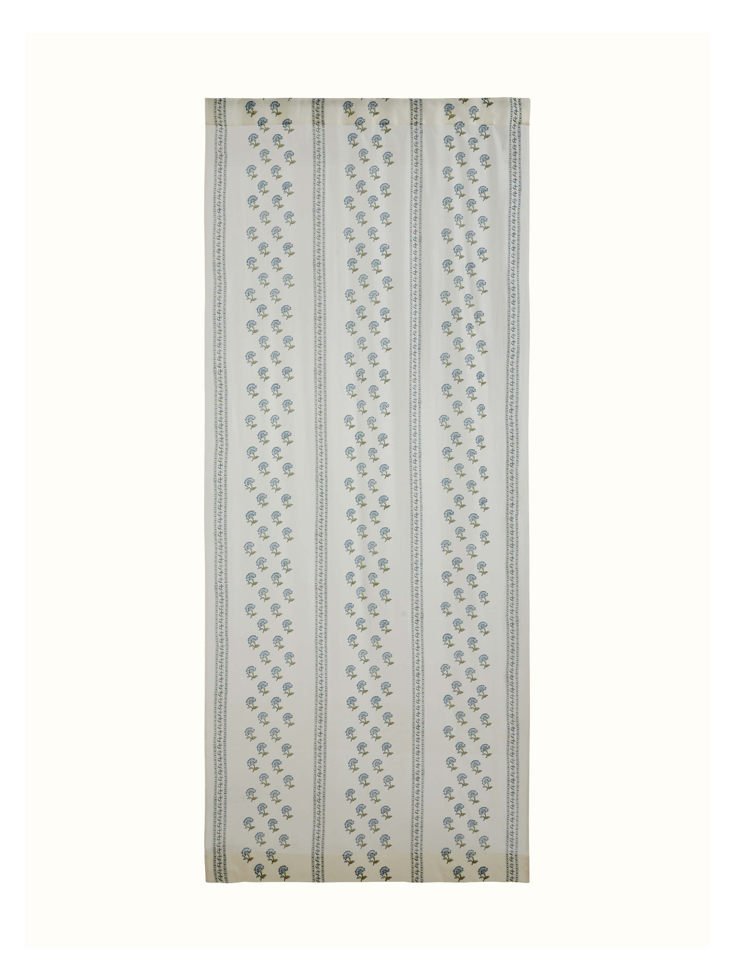 Front view of Aaarunya blue floral stripe cotton silk Sanganeri block printed sheer curtain showcasing the elegant floral pattern