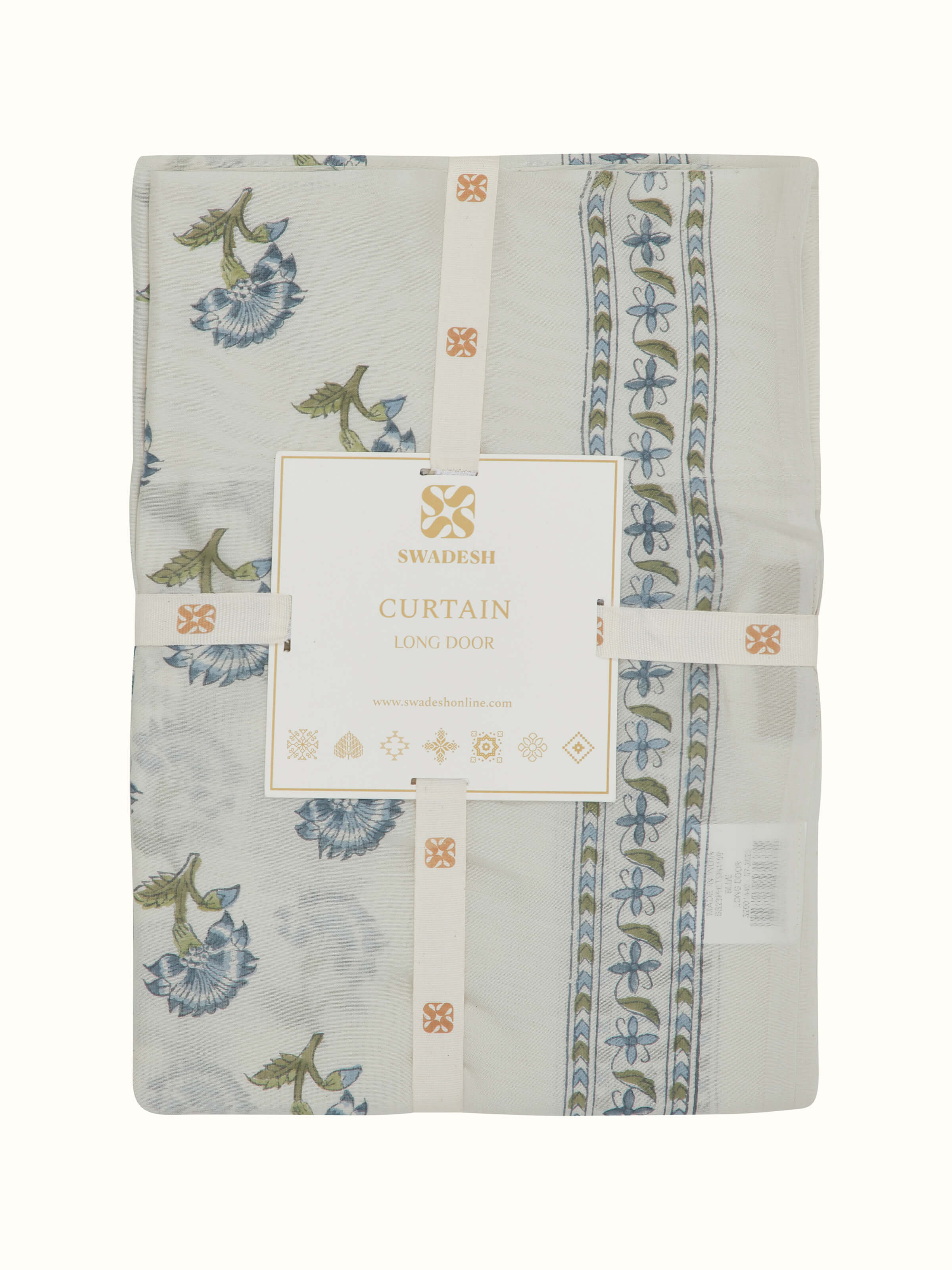 Close-up view of Aaarunya blue floral stripe cotton silk Sanganeri block printed sheer curtain emphasizing the fine fabric texture