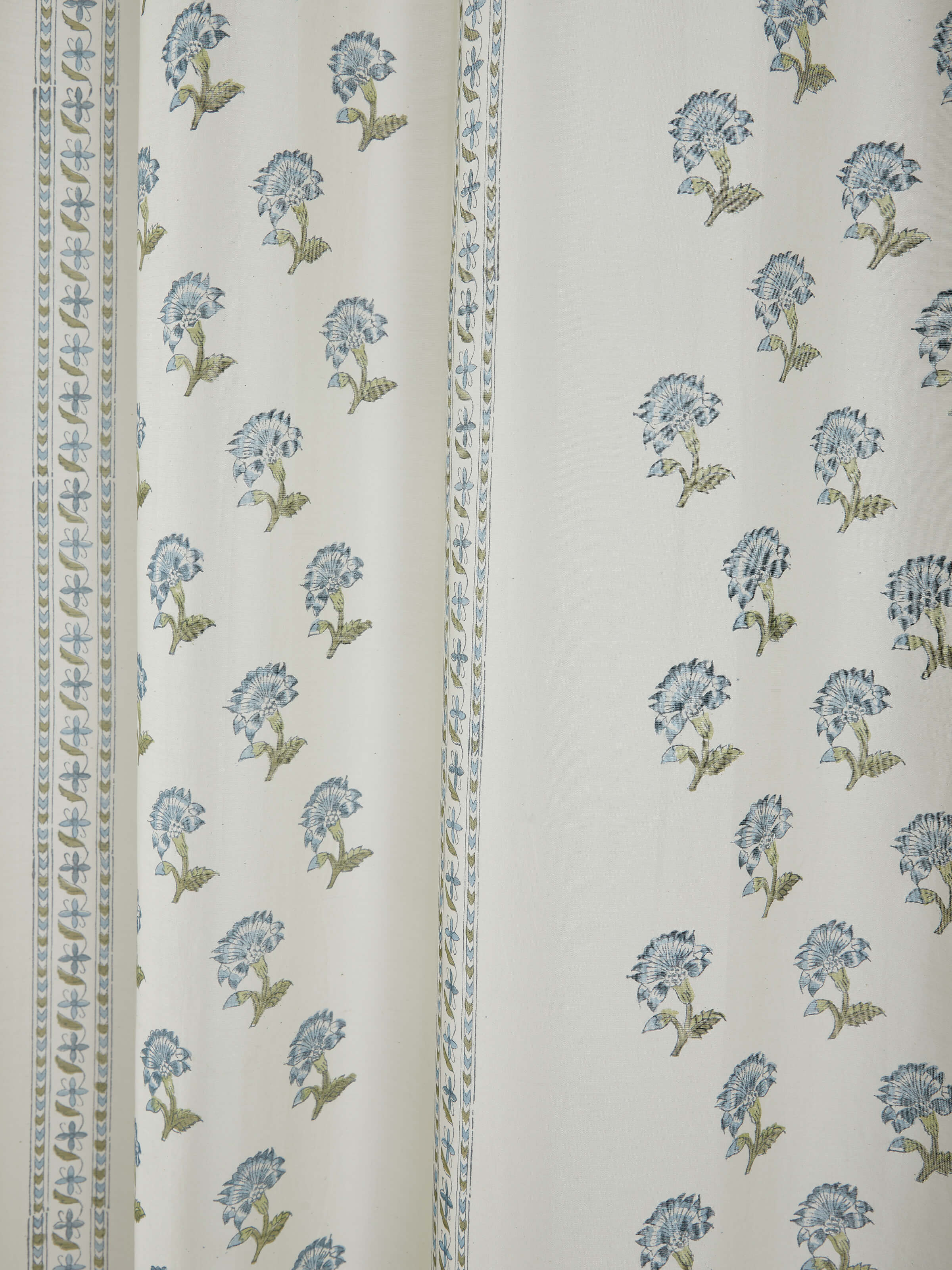 Detailed view of Aaarunya blue floral stripe cotton silk Sanganeri block printed sheer curtain showcasing the intricate block printing technique