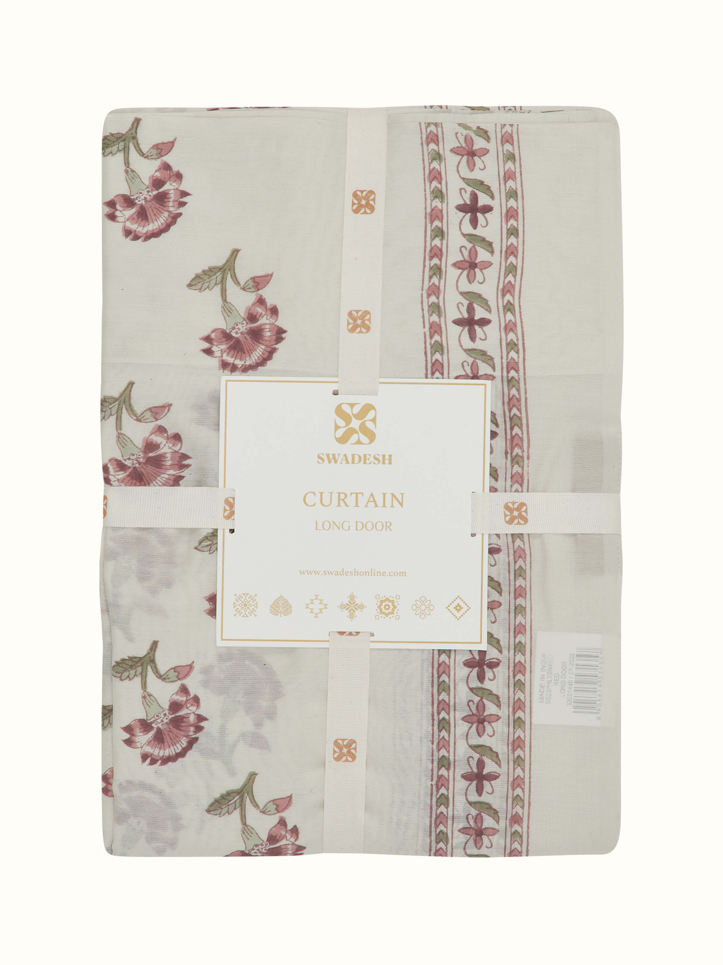 Detailed close-up of Aaarunya red floral stripe cotton silk Sanganeri block printed sheer curtain (9 ft) highlighting the block printed floral design.