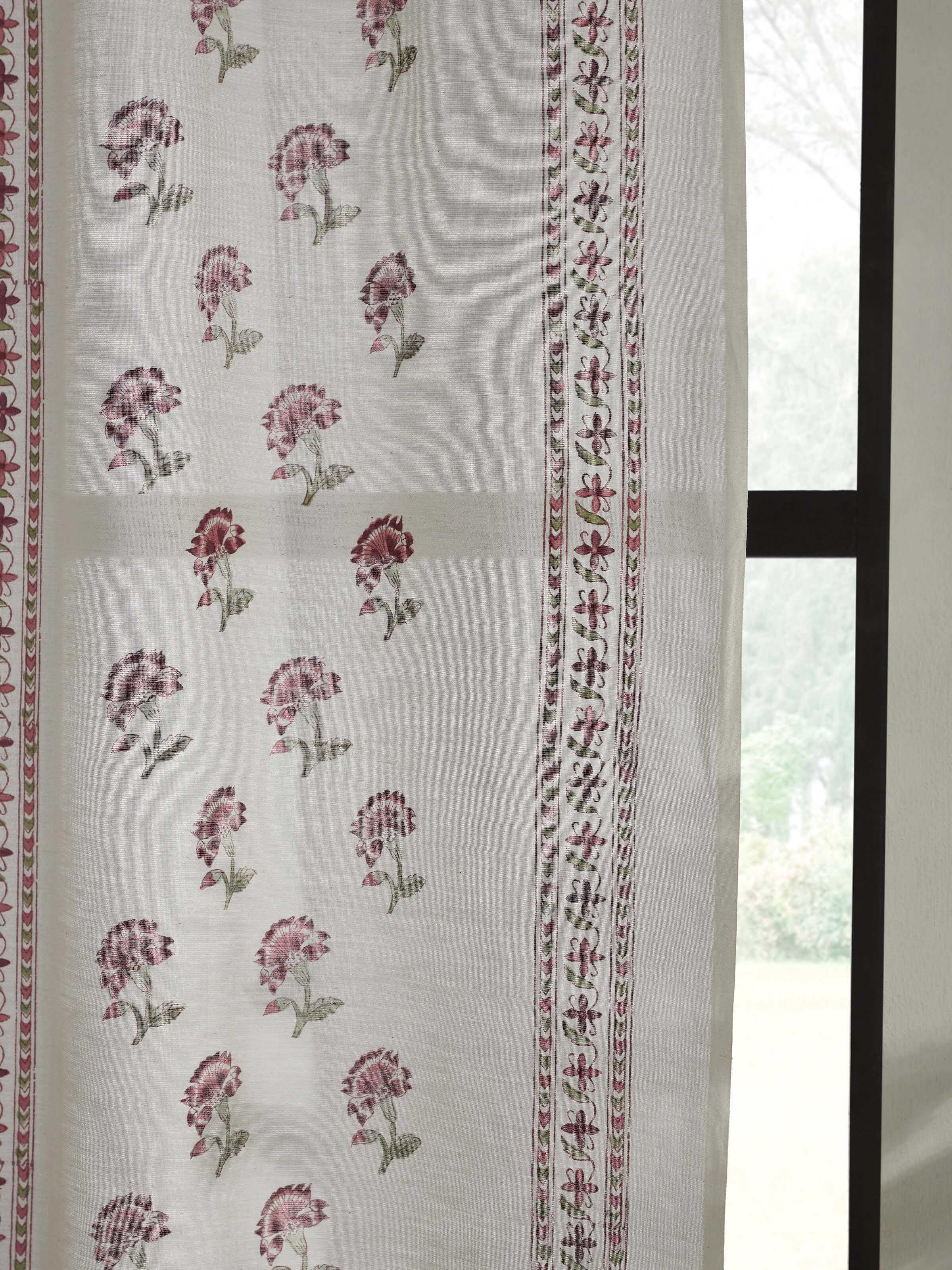 Perspective view of Aaarunya red floral stripe cotton silk Sanganeri block printed sheer curtain (9 ft) displaying the full design and fabric flow.