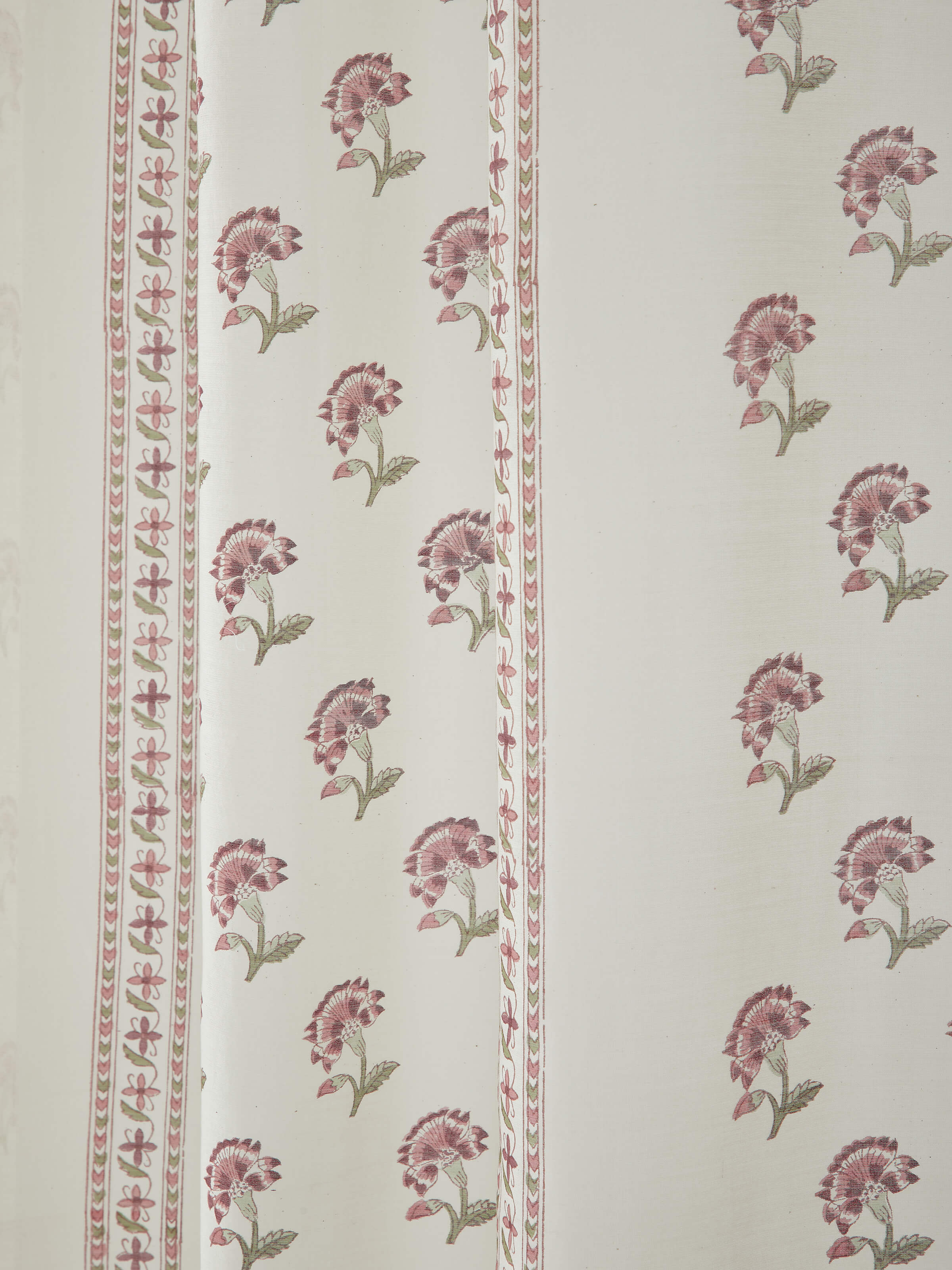 Detailed view of Aaarunya red floral stripe cotton silk Sanganeri block printed sheer curtain (9 ft) focusing on the rich red floral pattern.