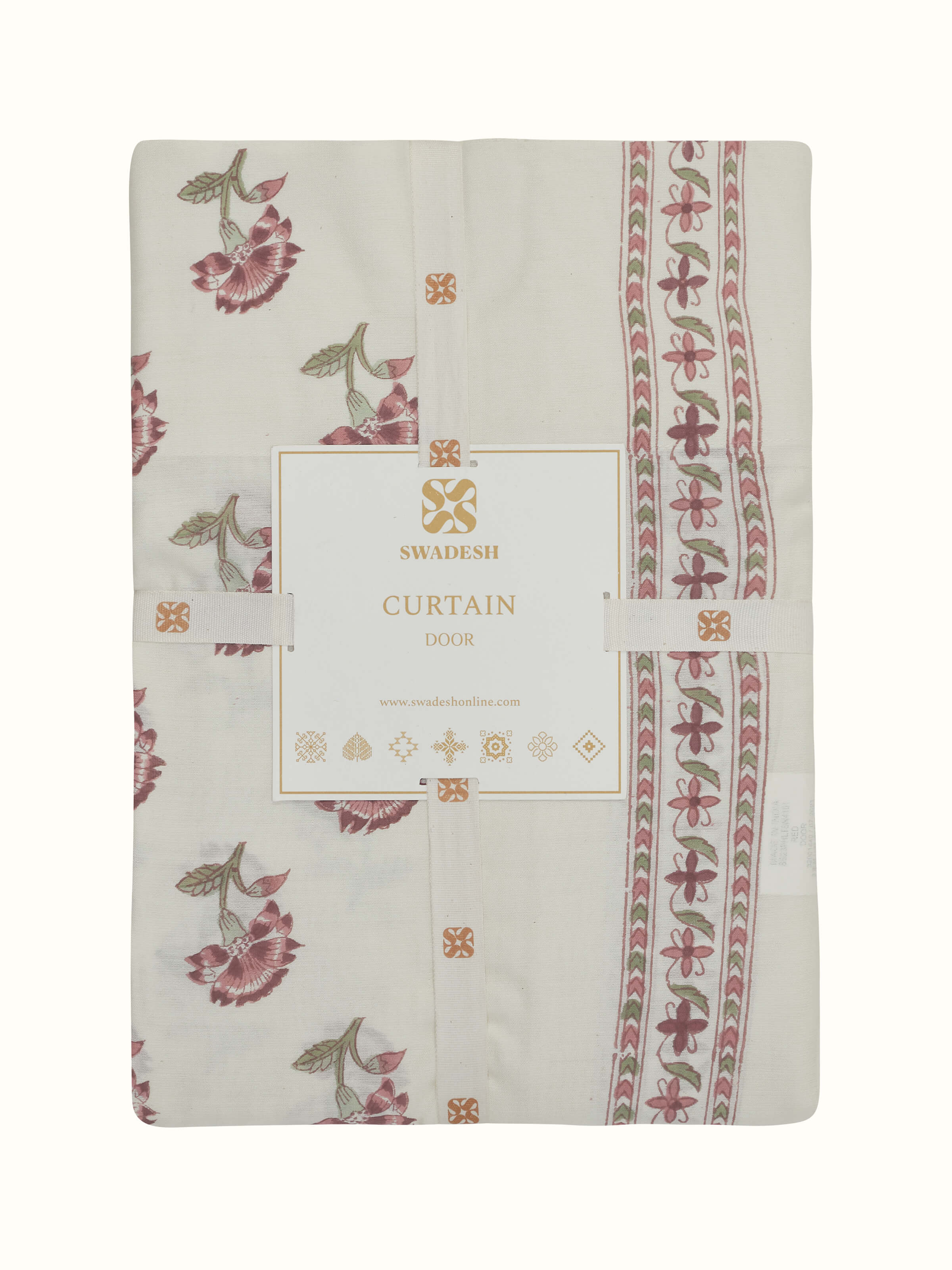 Aarunya red floral cotton silk Sanganeri block printed sheer curtain, close-up of the fabric's edge and finishing.