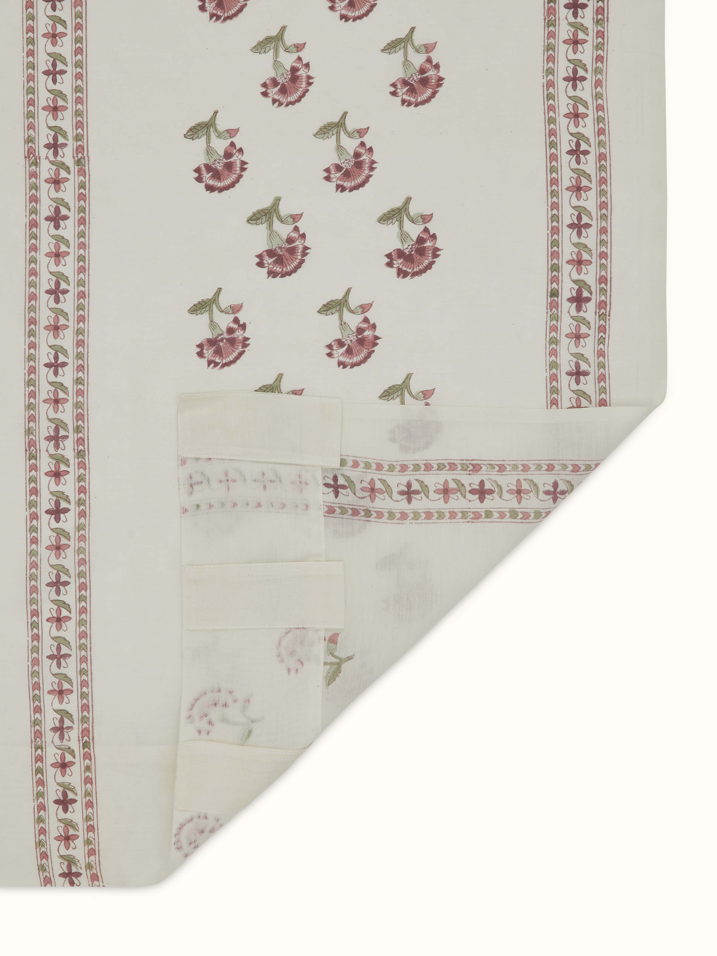 Red floral cotton silk sheer curtain with Sanganeri block print, showcasing its delicate pattern and flowing drape.