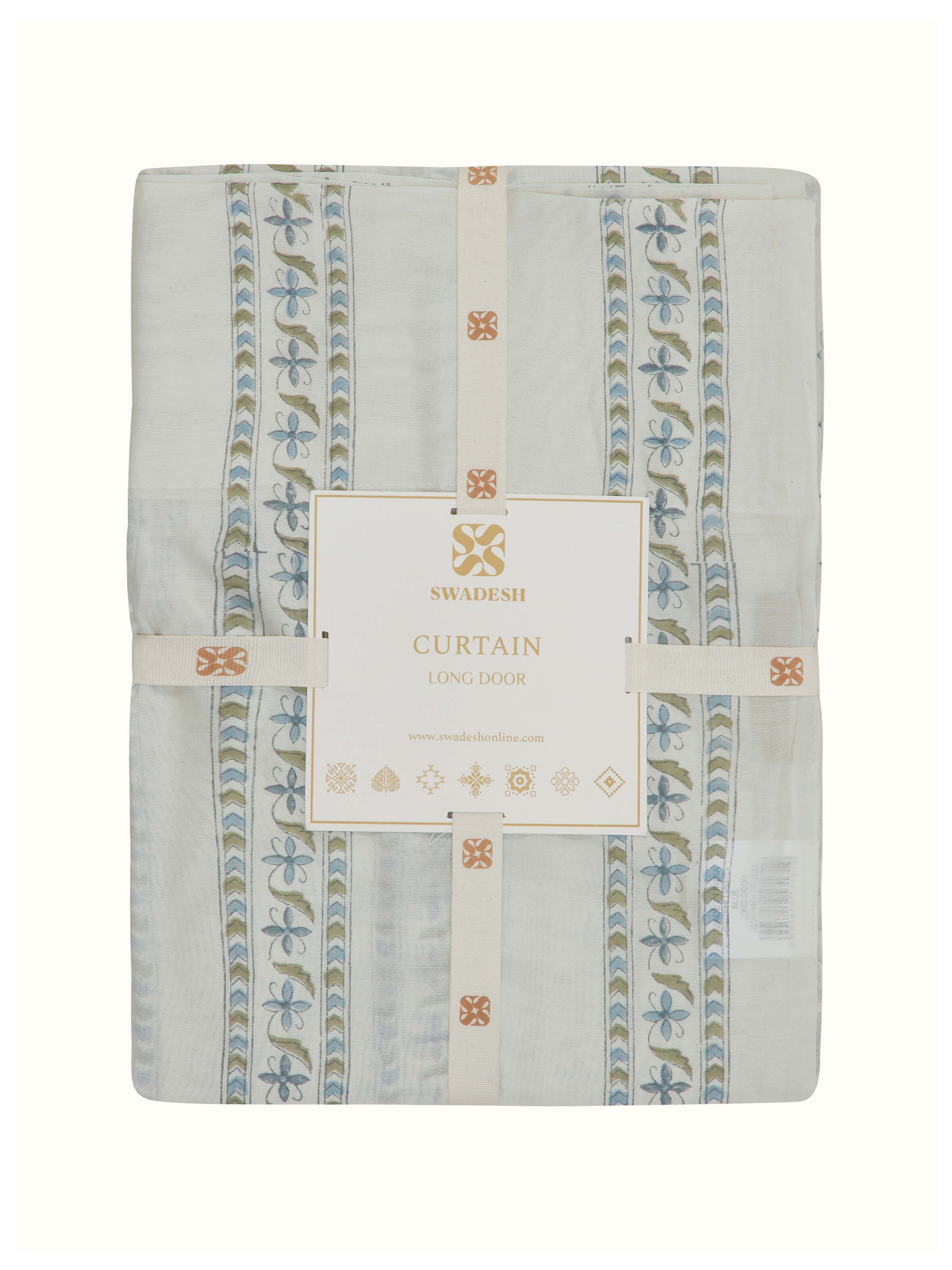 Perspective view of Aaarunya blue floral border cotton silk Sanganeri block printed sheer curtain displaying the overall floral pattern and sheer fabric.