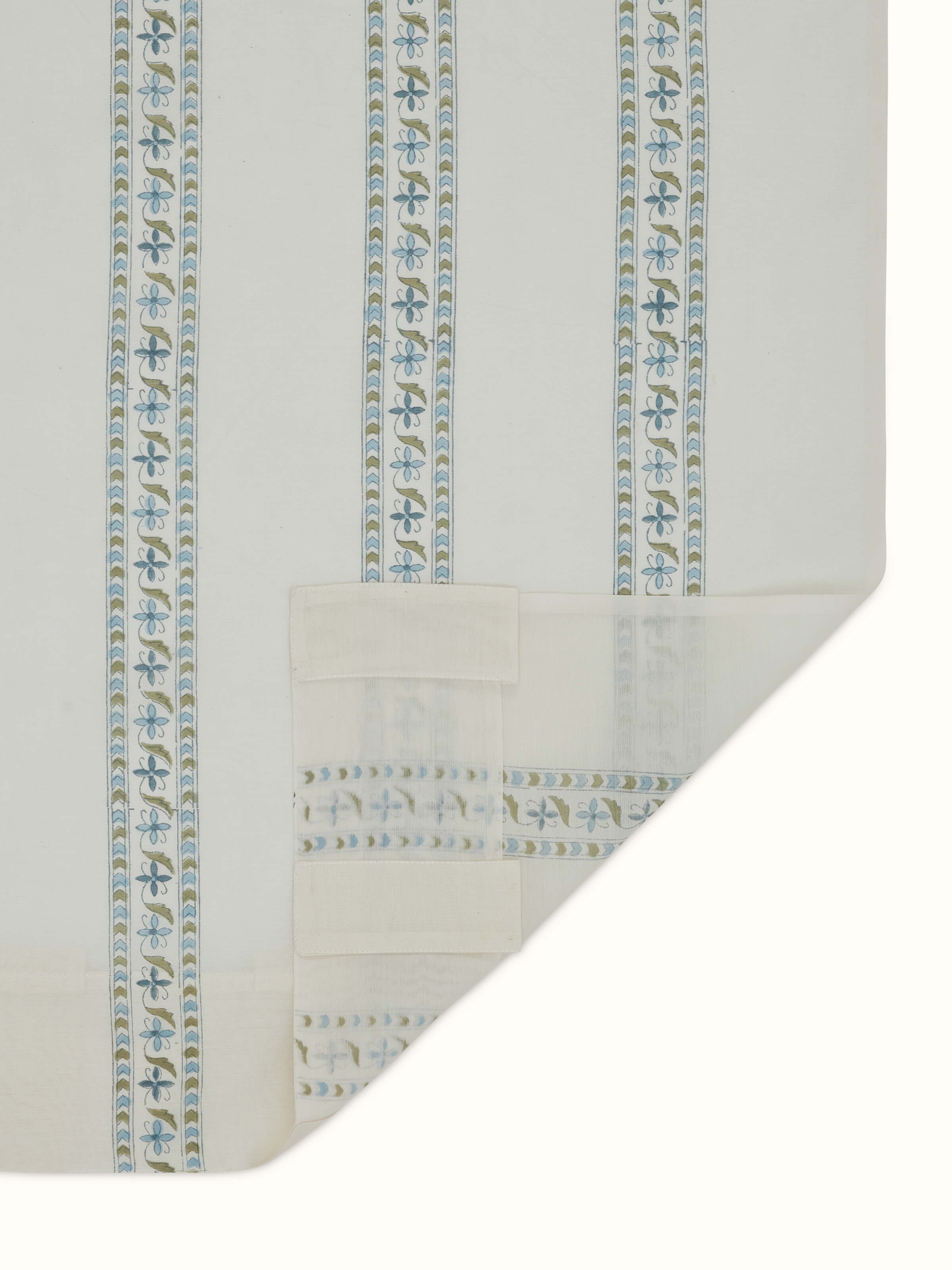 Detailed view of Aaarunya blue floral border sheer curtain, showing the block print design