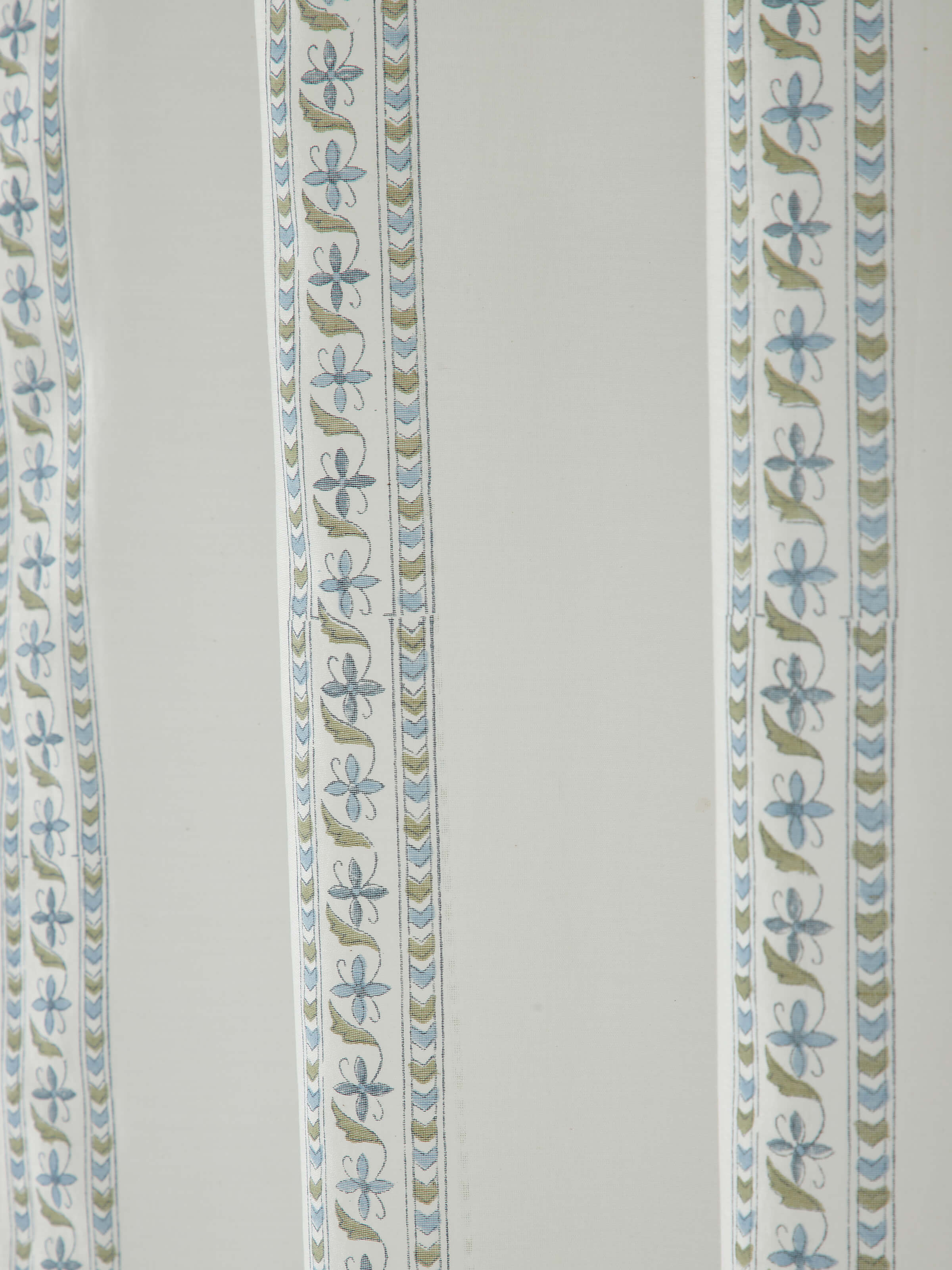 Close-up showing the intricate Sanganeri block print on Aaarunya blue floral border sheer curtain