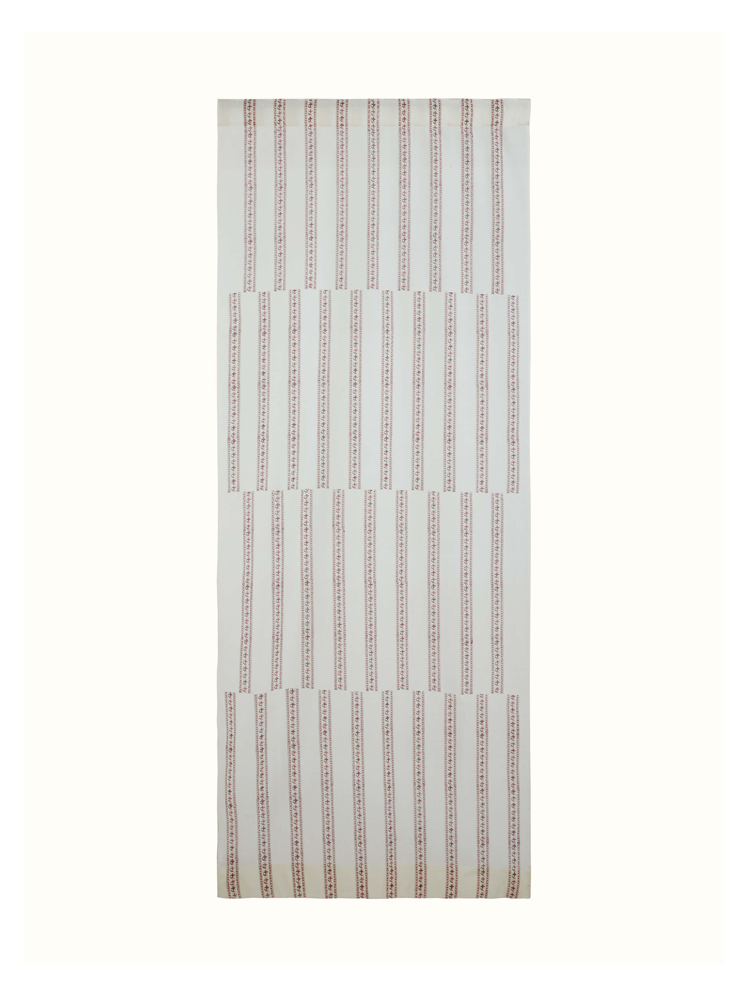 Full view of a 9 ft red floral cotton silk sheer curtain featuring Sanganeri block printing, showcasing its delicate design and light filtering fabric.