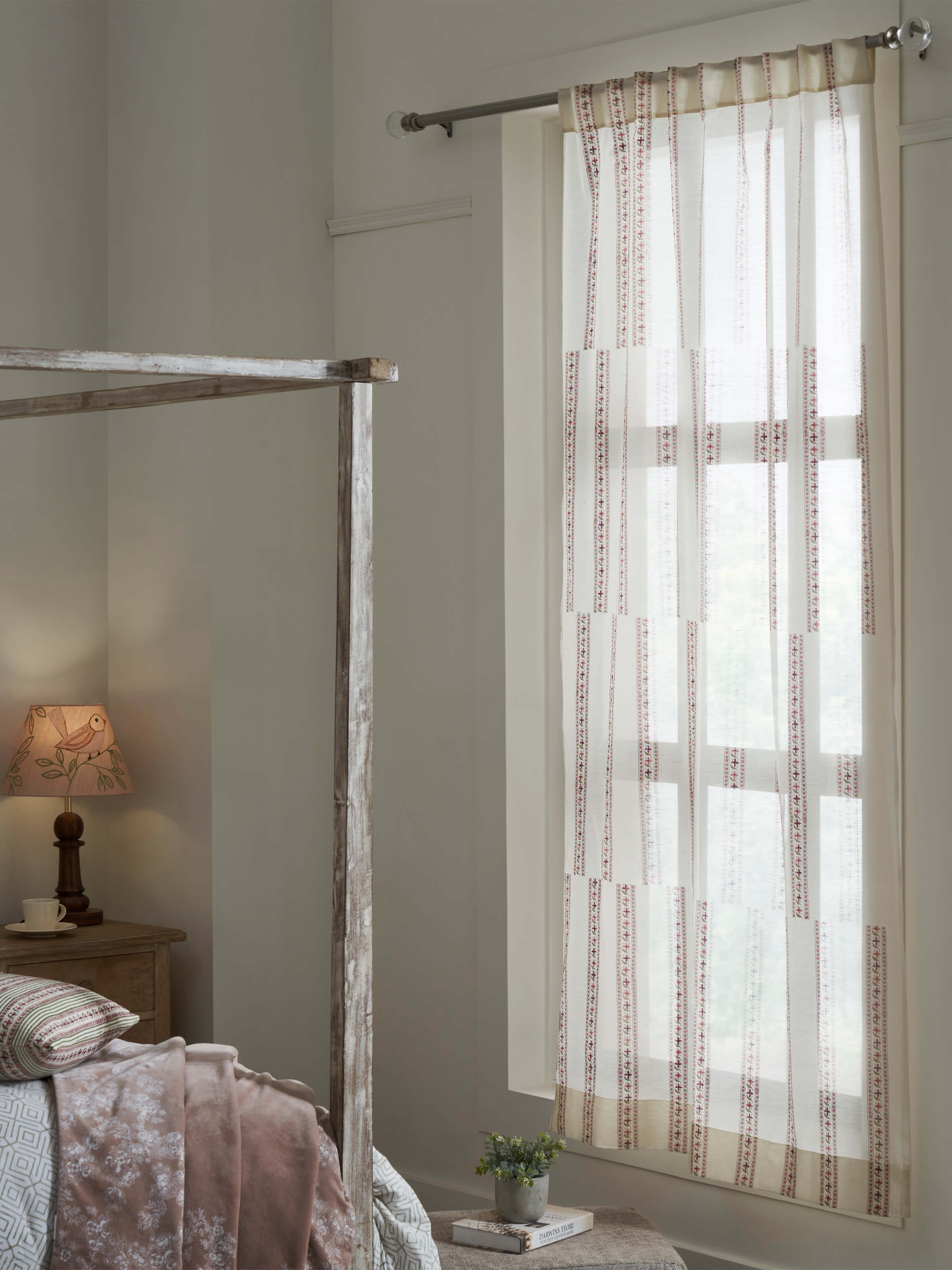 Close-up of Aaarunya Red Floral Border Cotton Silk Sanganeri Block Printed Sheer Curtain showing the detailed floral block print.