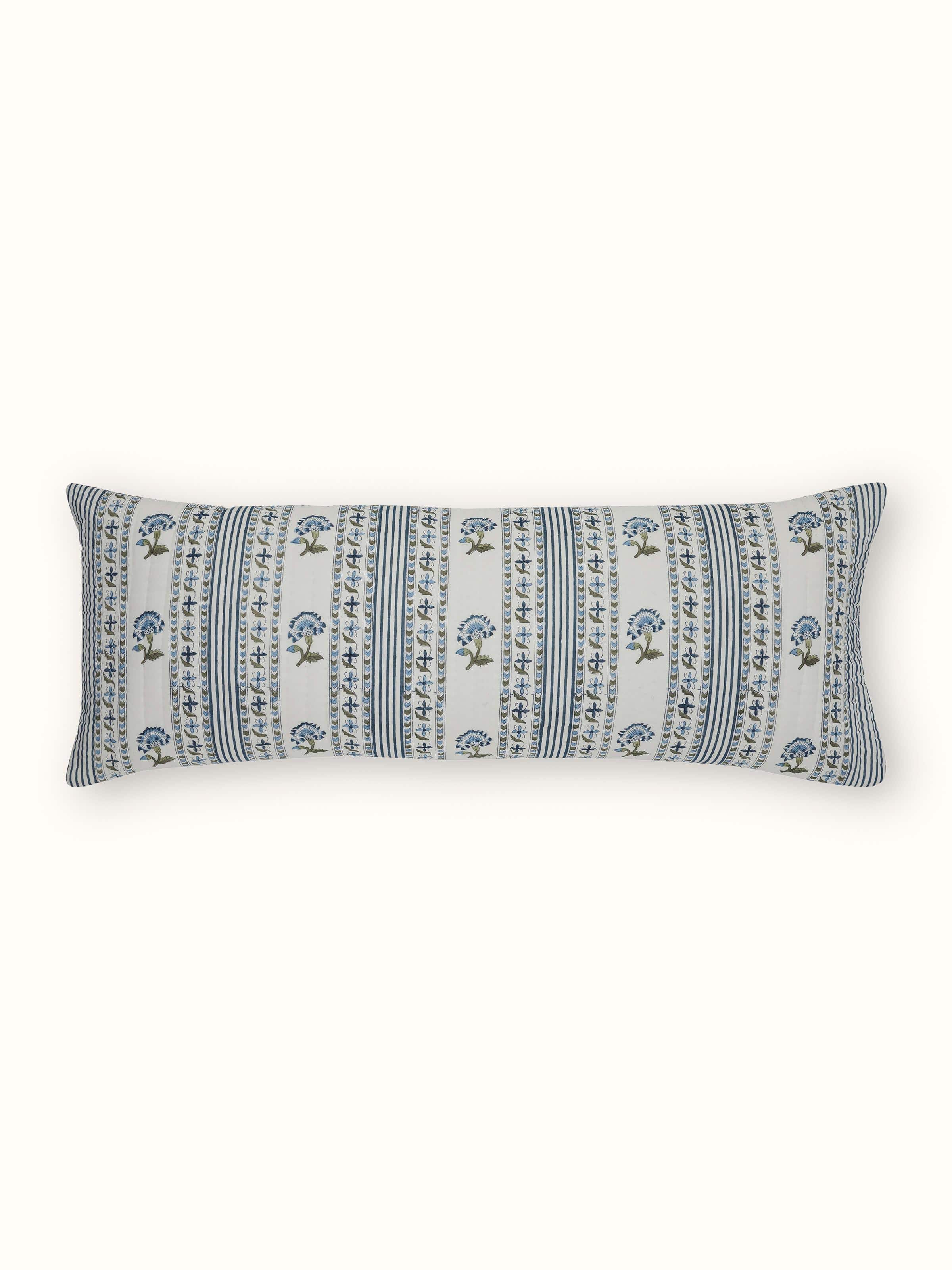 Front view of Aaarunya blue floral cotton Sanganeri block printed cushion cover, highlighting the vibrant blue floral design