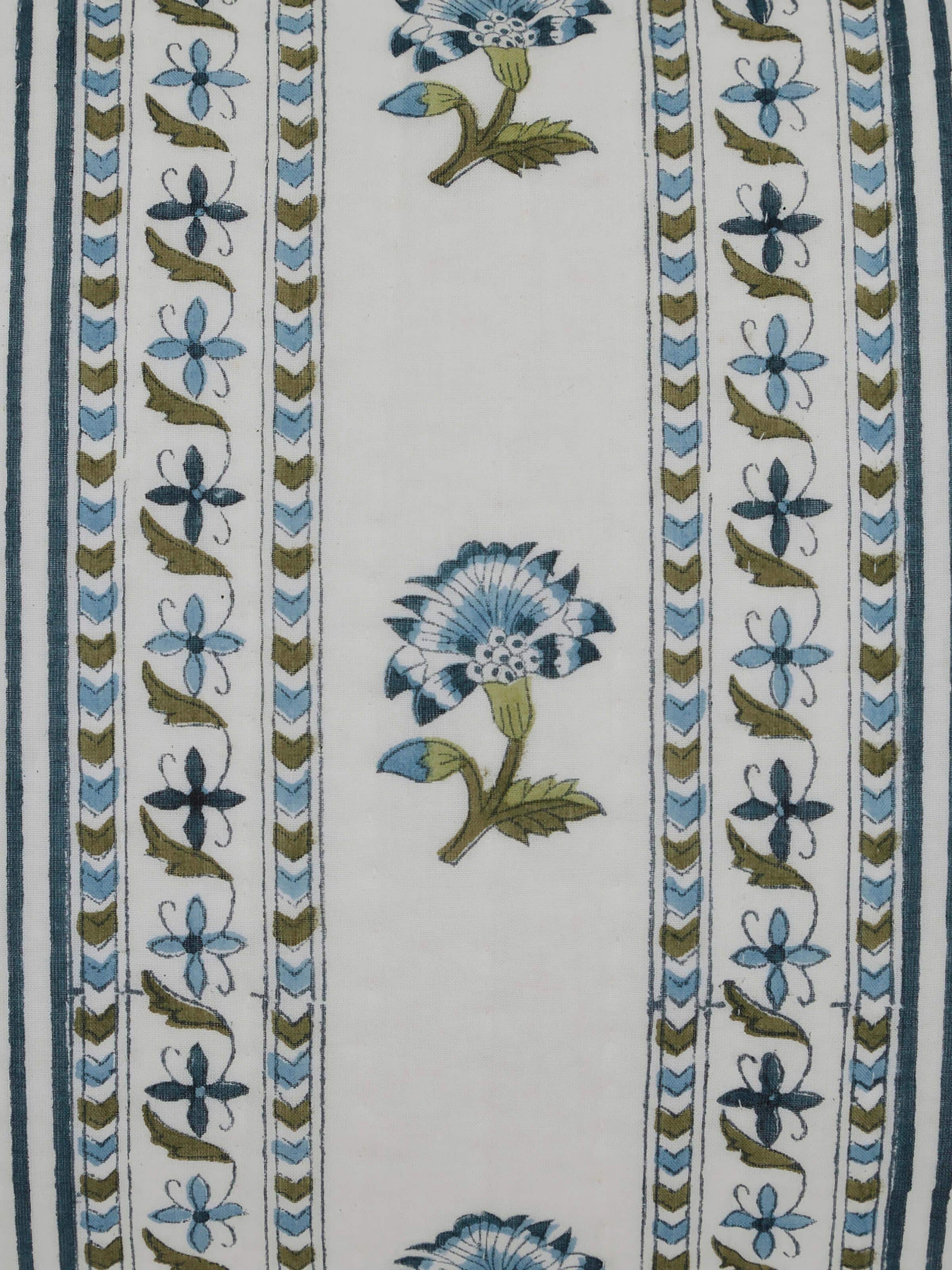 Side view of Aaarunya blue floral cotton Sanganeri block printed cushion cover, showcasing its depth and the floral block print