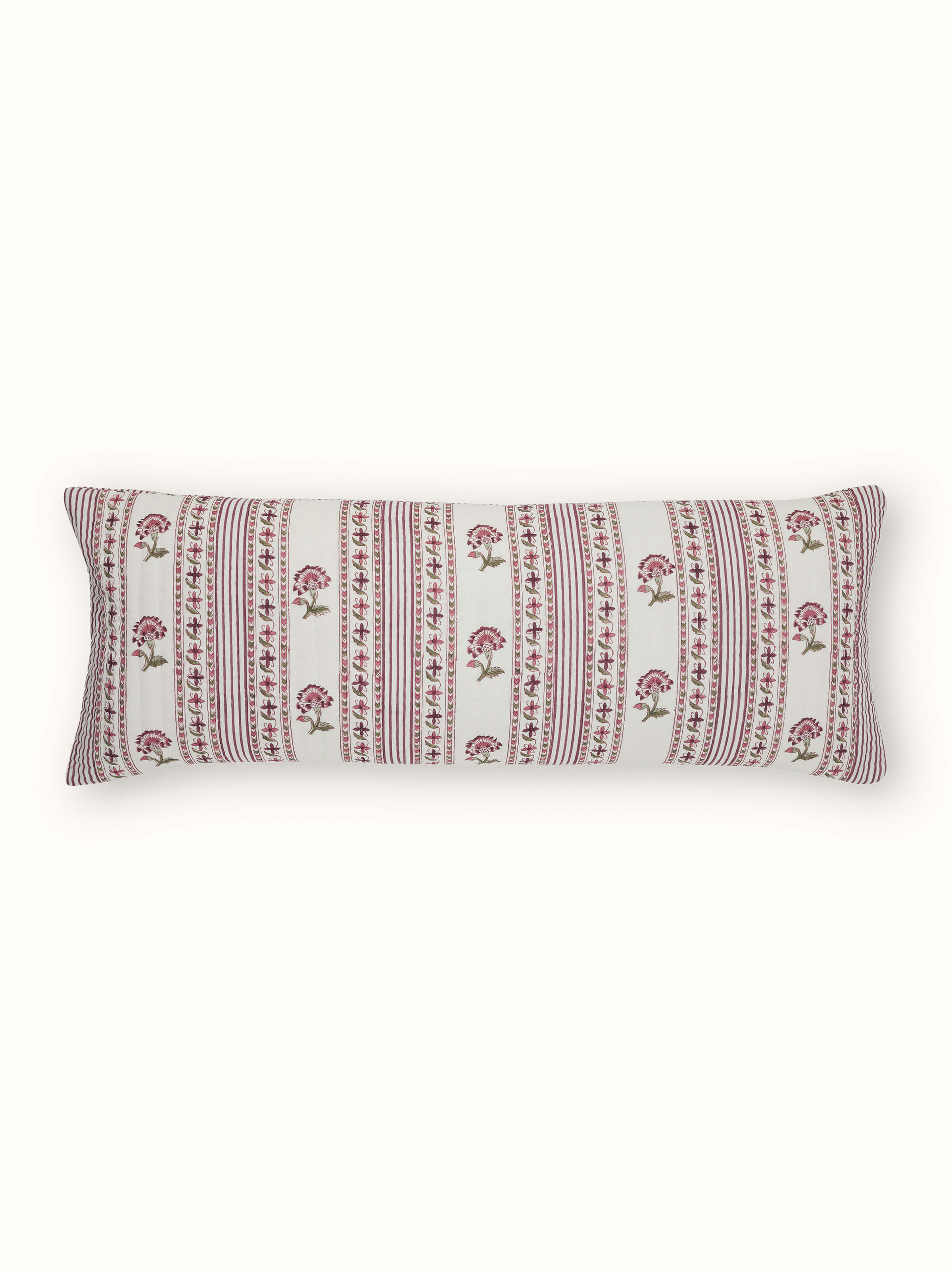 Full view of Aaarunya red floral cotton Sanganeri block printed cushion cover highlighting the floral design