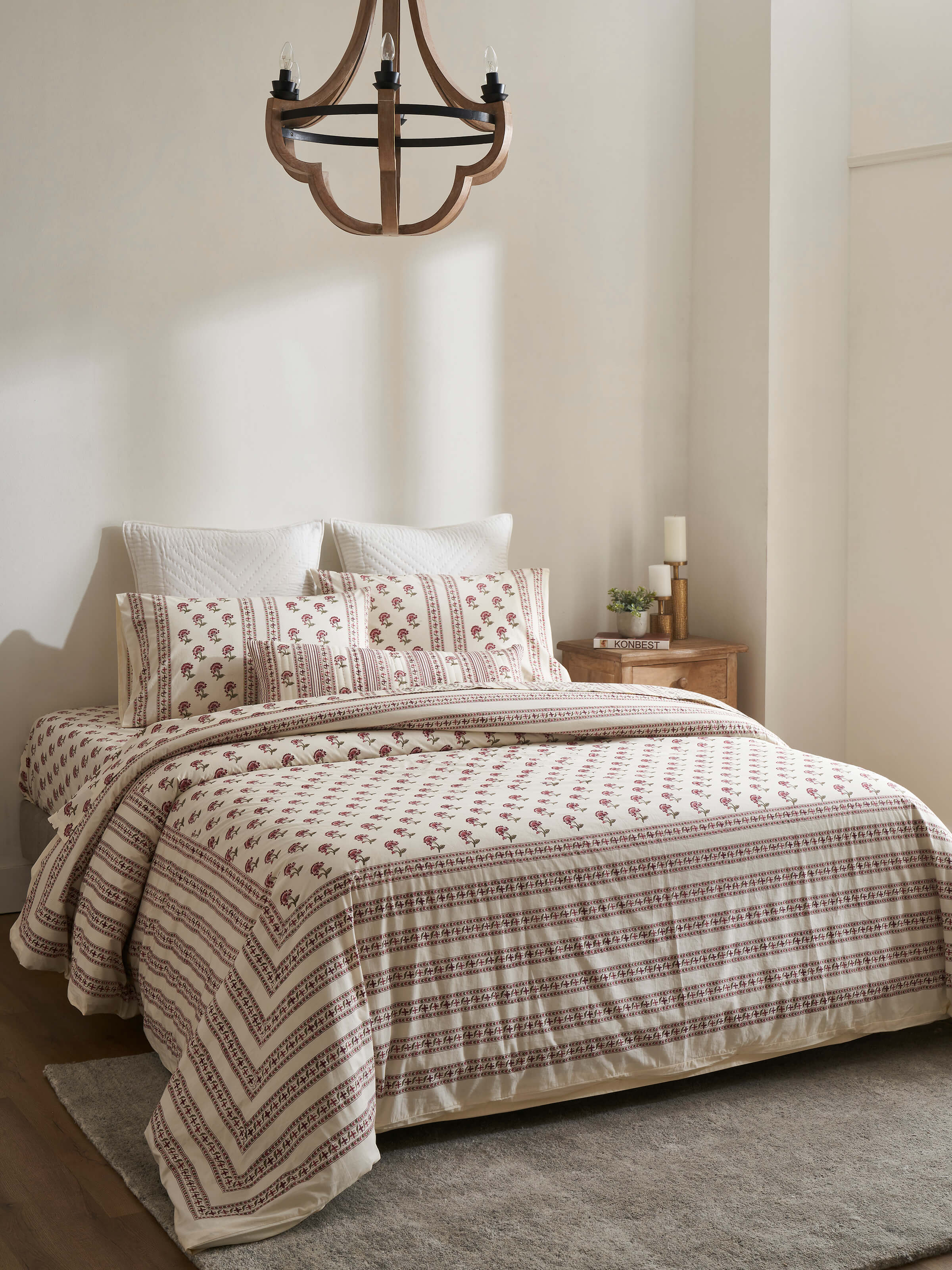 Front view of Aarunya Red Floral Cotton Sanganeri Block Printed Queen Duvet Cover highlighting the full design with vibrant red floral print.