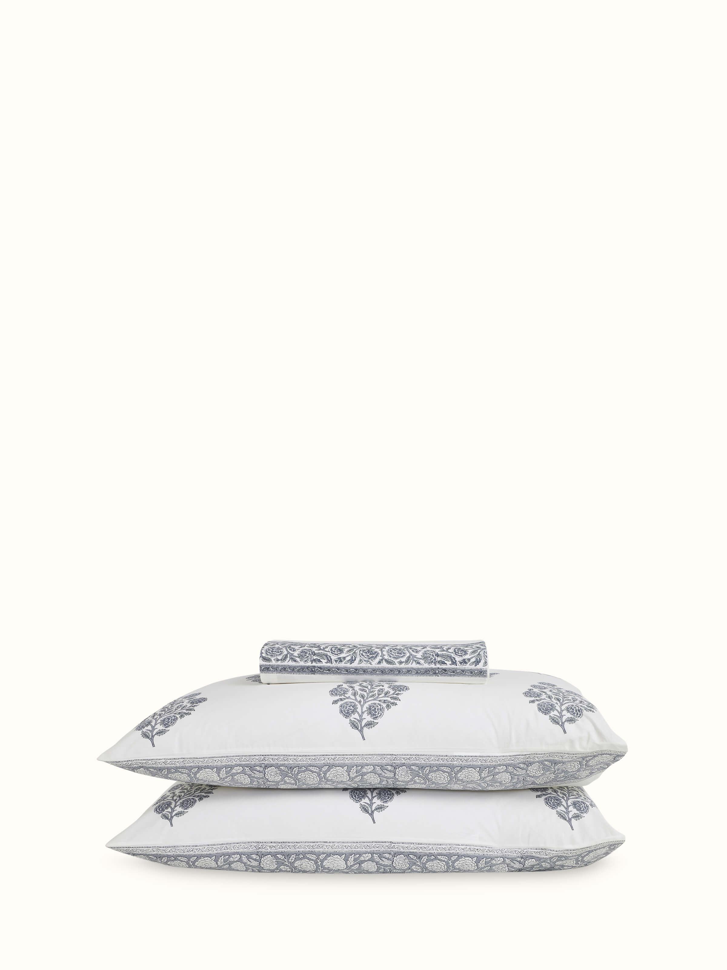 Full view of Saha grey floral cotton Sanganeri block printed queen bedsheet set showing the complete set of bedsheet and pillow covers