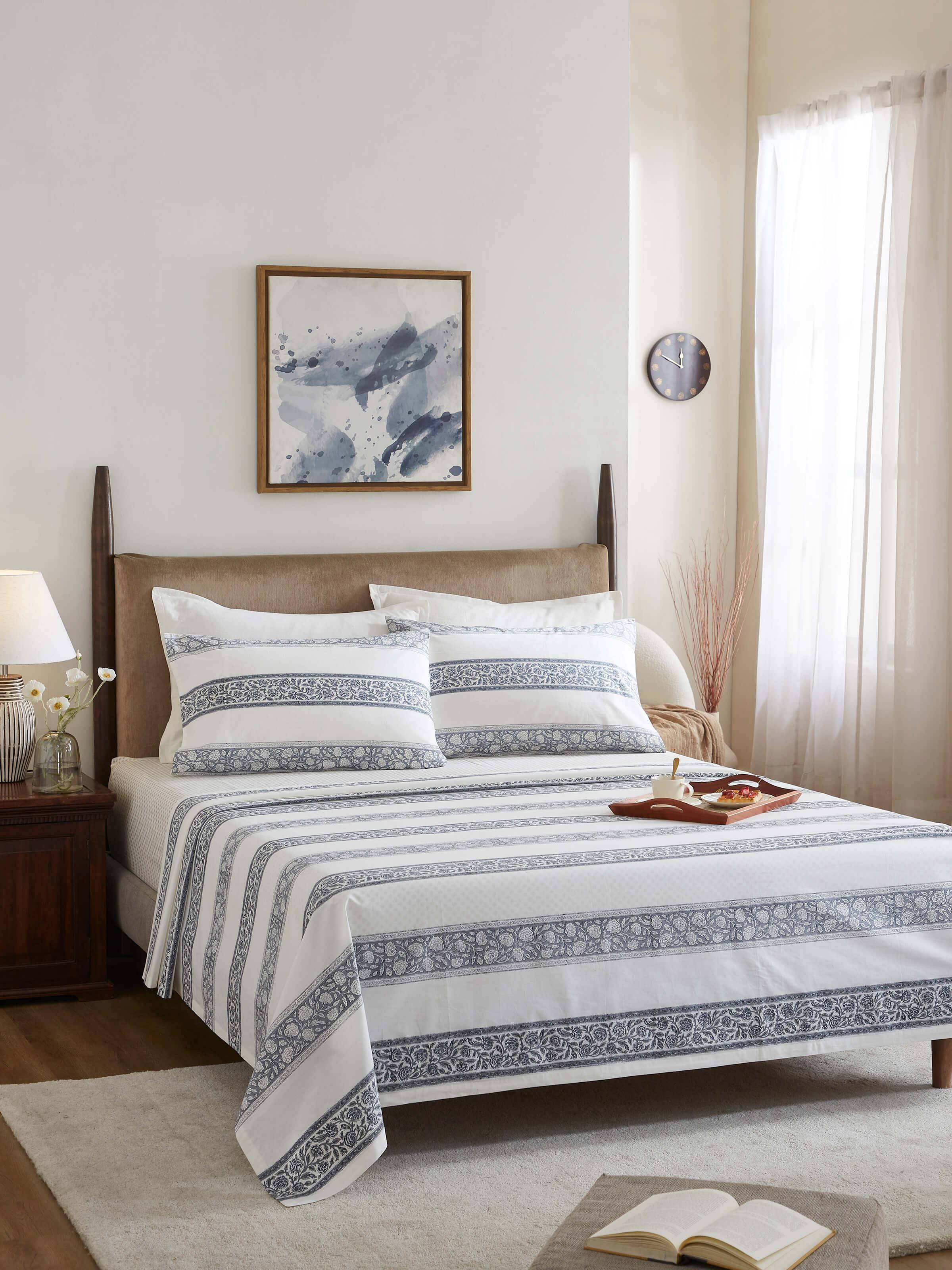 Detailed view of Saha grey floral cotton Sanganeri block printed queen bedsheet set focusing on the floral block print and fabric quality