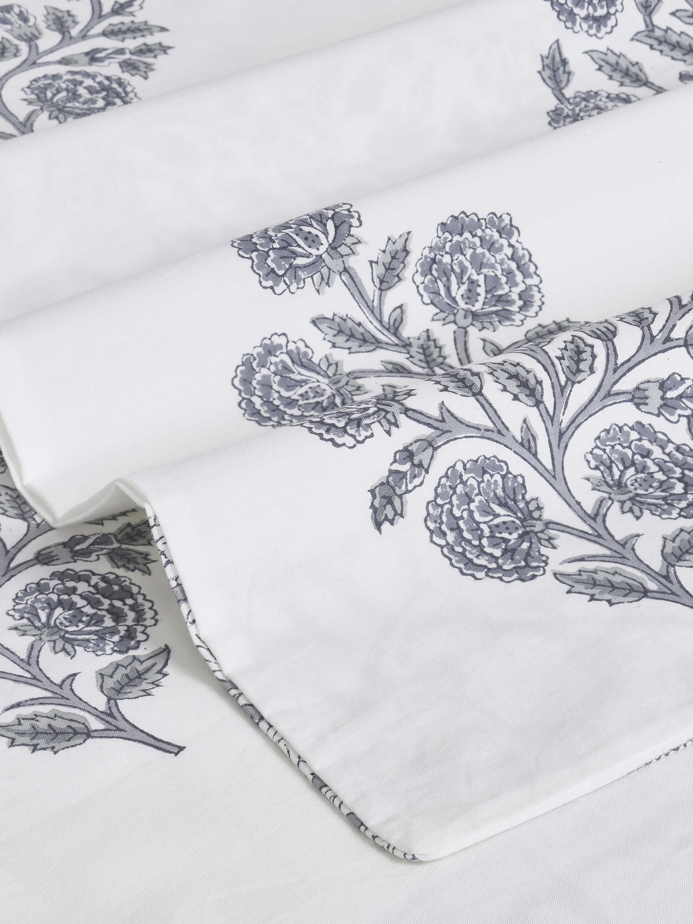 Close-up of Saha grey floral cotton Sanganeri block printed queen bedsheet set highlighting the intricate floral design on the bedsheet