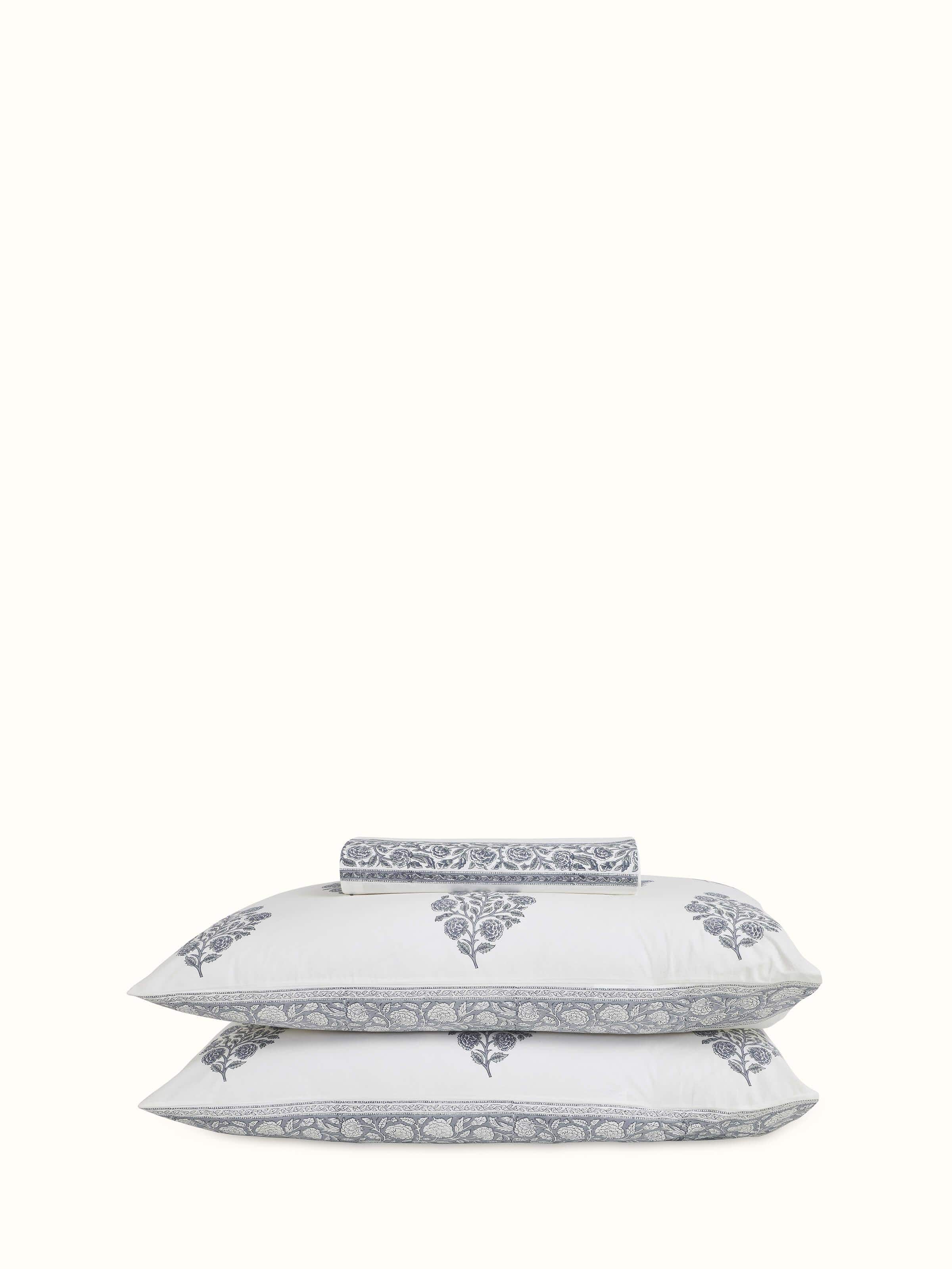 Detailed view of Saha Grey Floral Cotton Sanganeri Block Printed King Bedsheet Set (3 pcs) showing the floral block print design.
