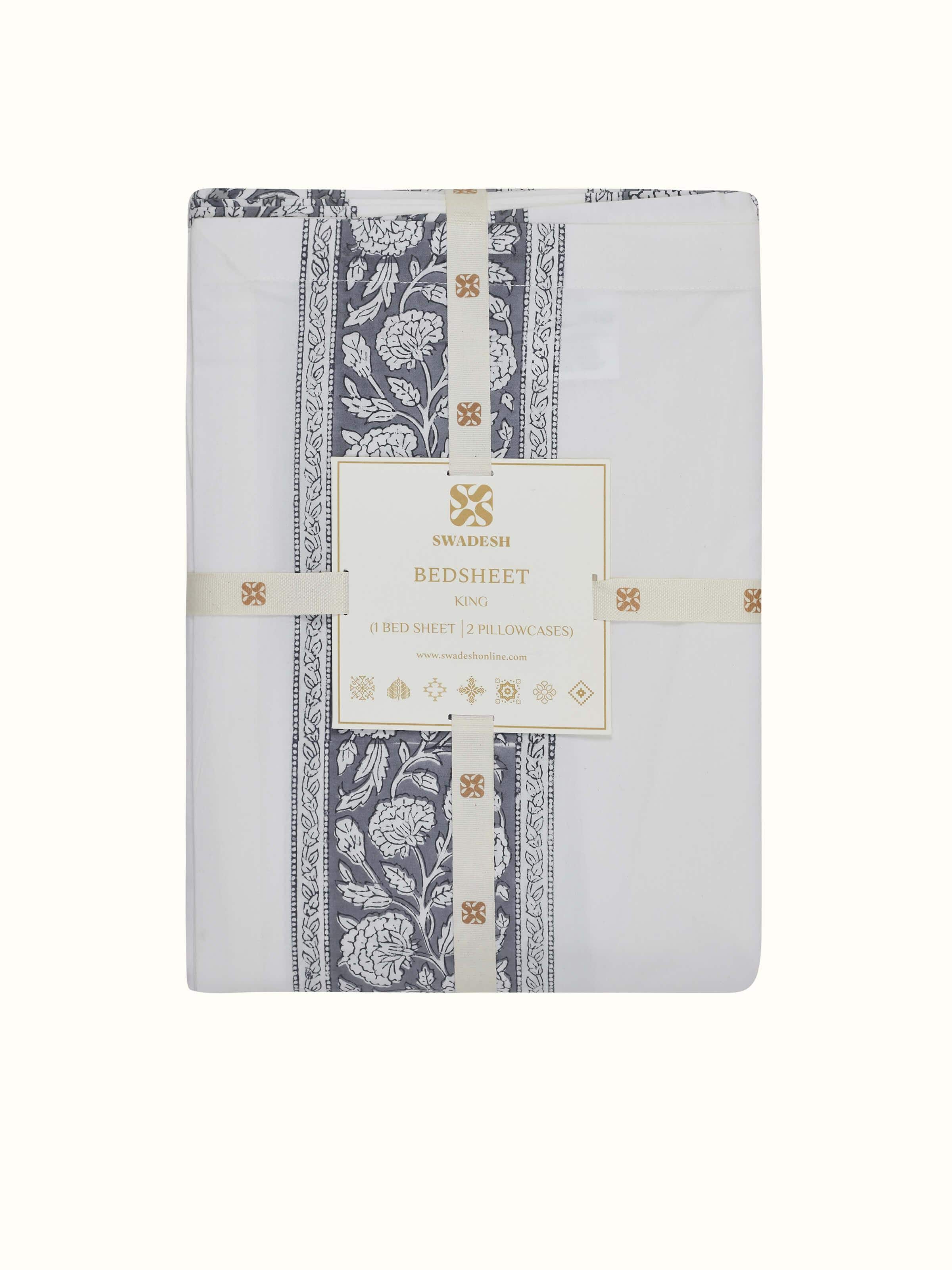 Front view of Saha Grey Floral Cotton Sanganeri Block Printed King Bedsheet Set (3 pcs) displaying the full design of the bedsheet set.