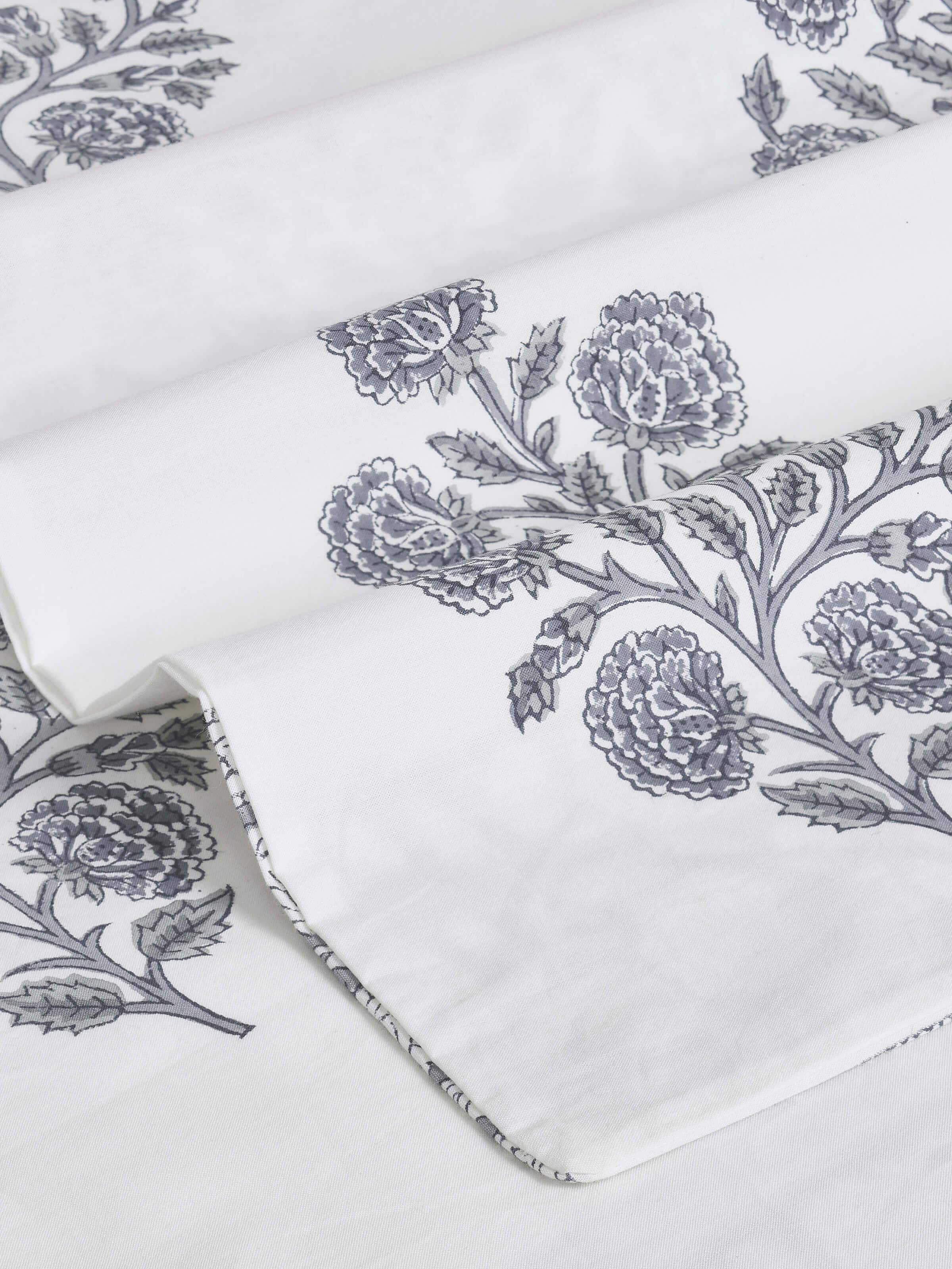 Close-up view of Saha Grey Floral Cotton Sanganeri Block Printed King Bedsheet Set (3 pcs) showing the floral block print details.