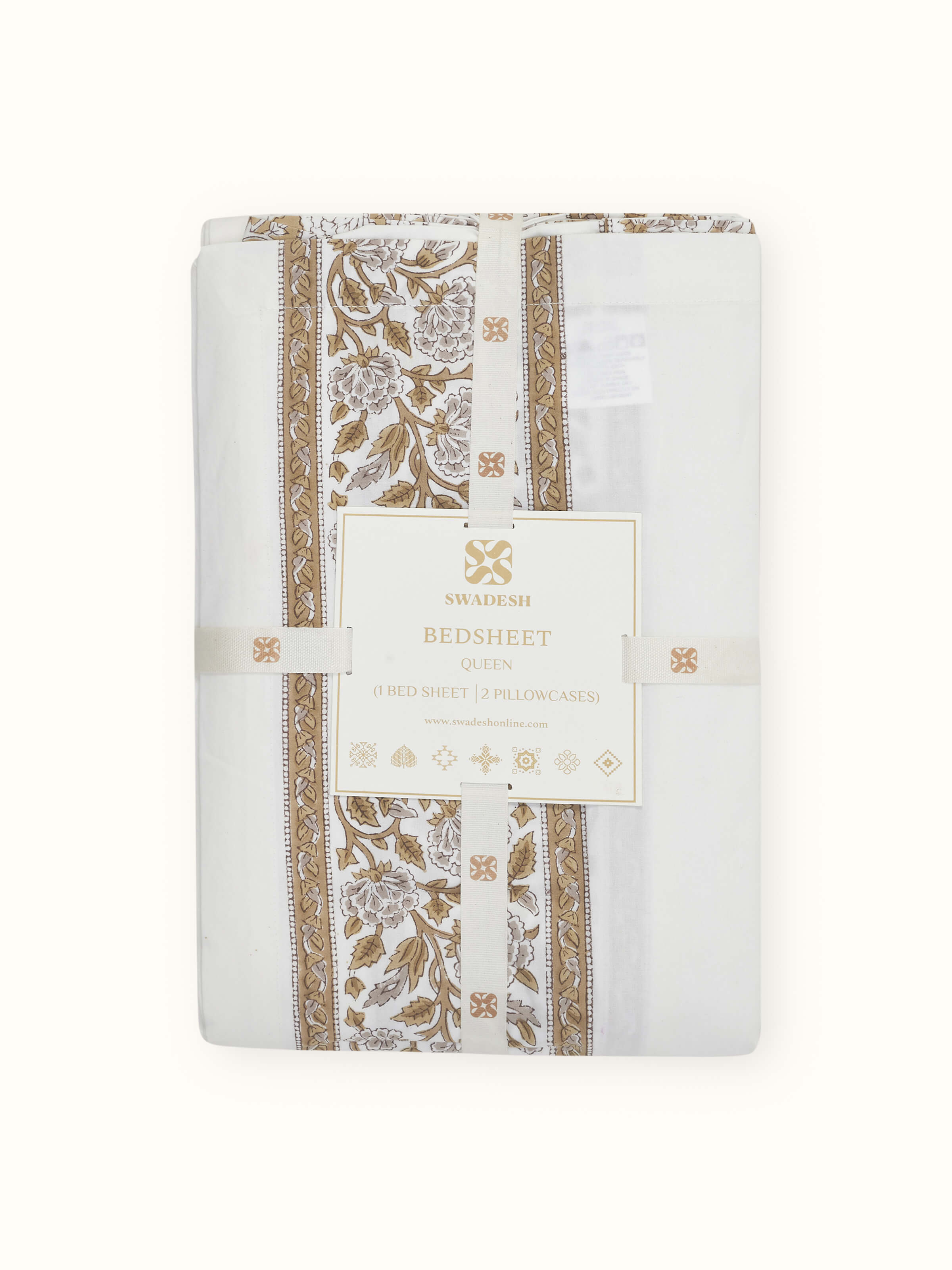 Close-up of Saha brown floral cotton Sanganeri block printed queen bedsheet set, displaying the intricate floral design