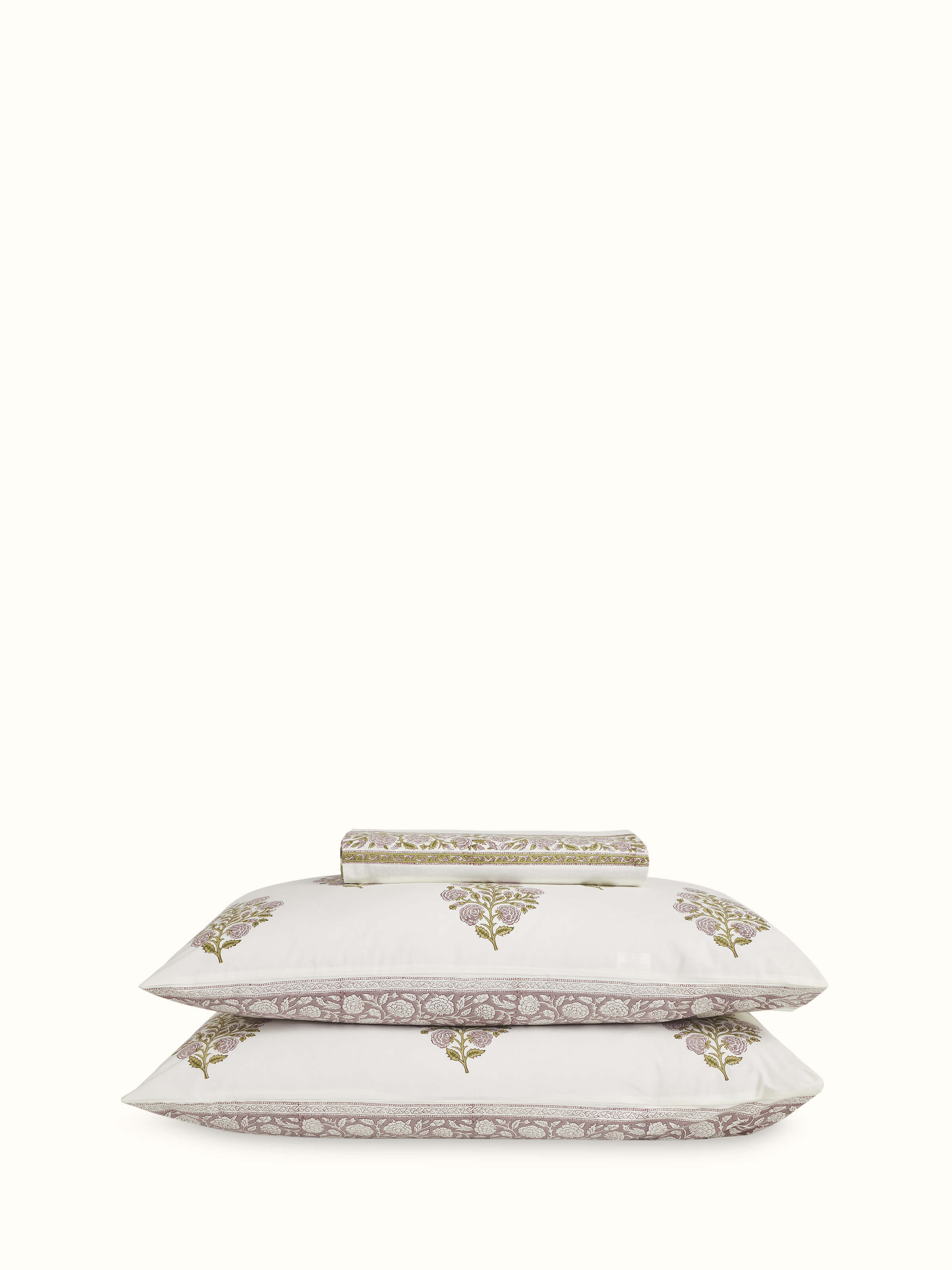 Saha lavender floral cotton Sanganeri block printed queen bedsheet set, showing the complete set on a bed with a detailed floral pattern in lavender and white