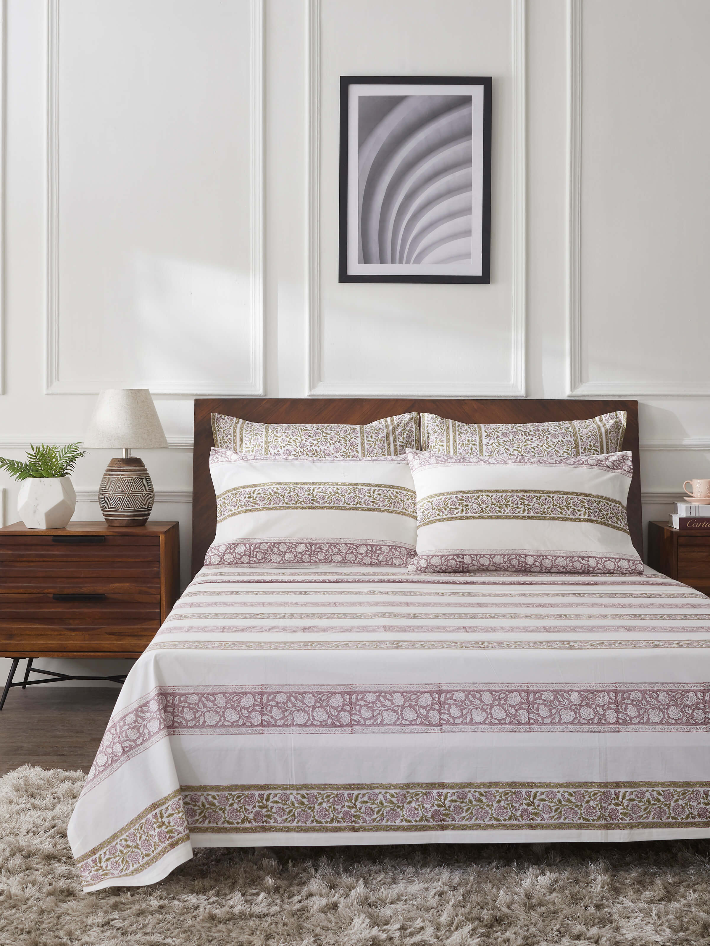 Close-up view of Saha lavender floral cotton Sanganeri block printed queen bedsheet set, highlighting the intricate floral block print design and soft cotton texture.