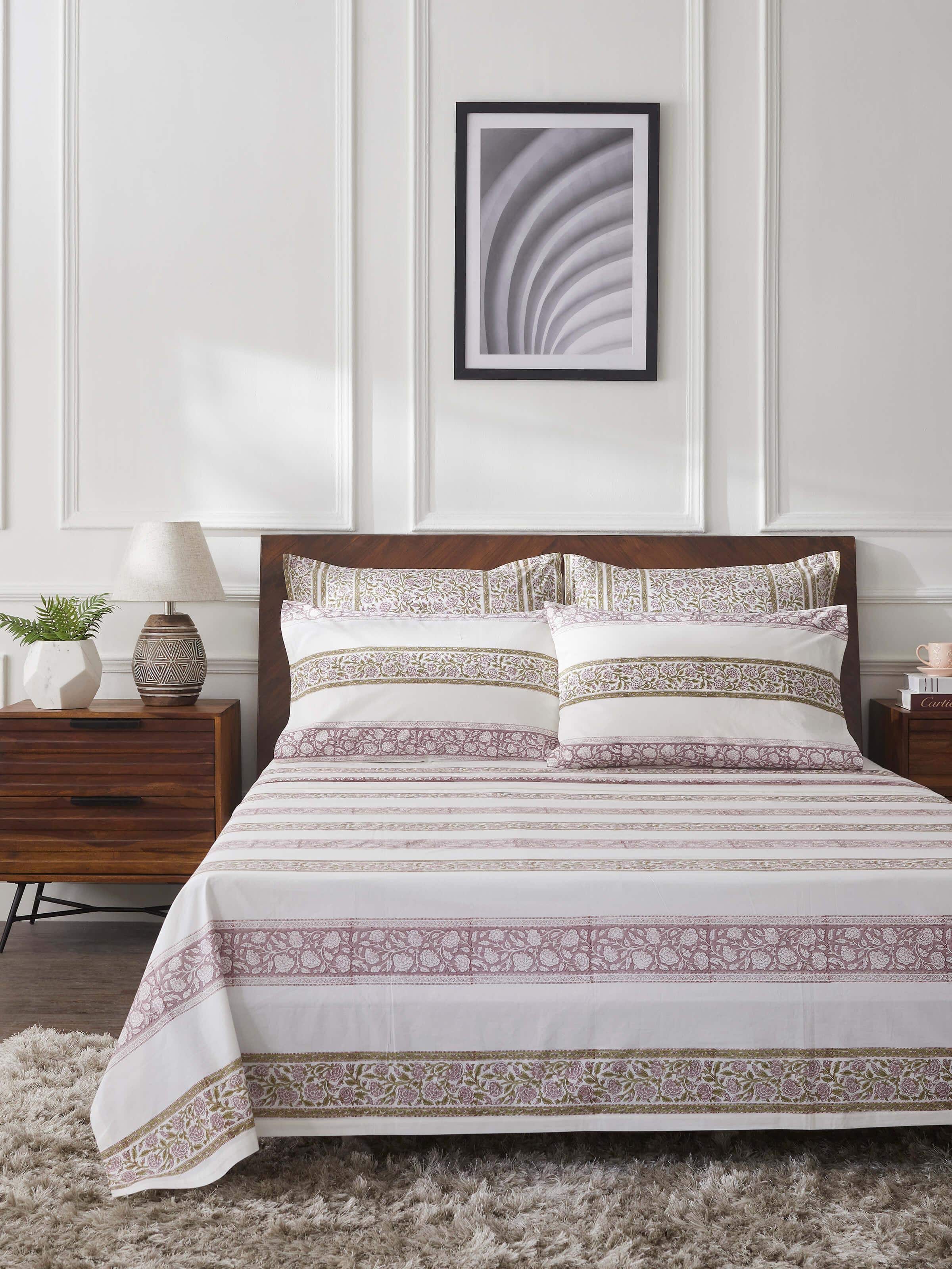 Close-up view of Saha Lavender Floral Cotton Sanganeri Block Printed King Bedsheet Set (3 pcs), highlighting the block print pattern.