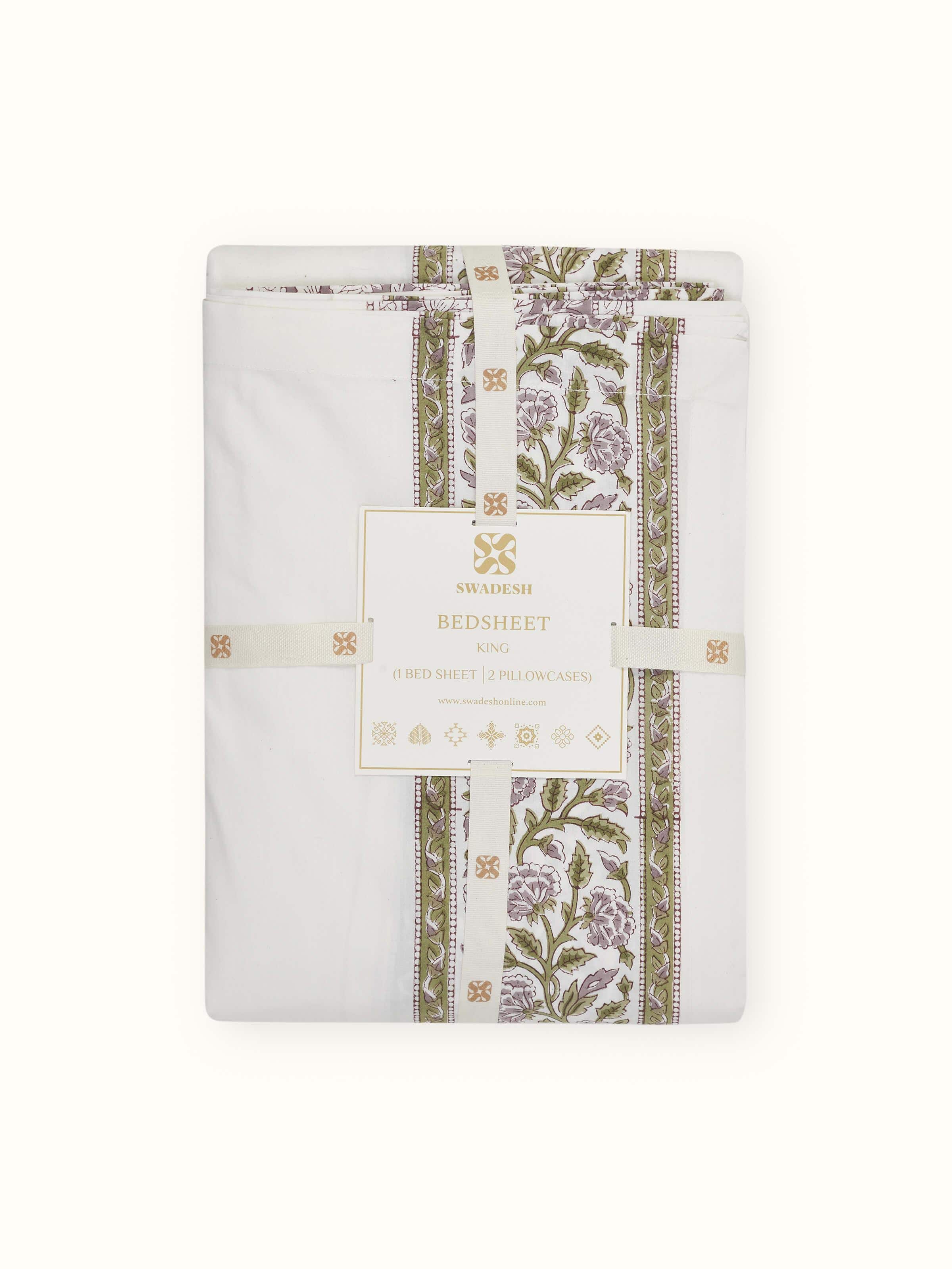 Full view of Saha Lavender Floral Cotton Sanganeri Block Printed King Bedsheet Set (3 pcs) folded, displaying the complete set.