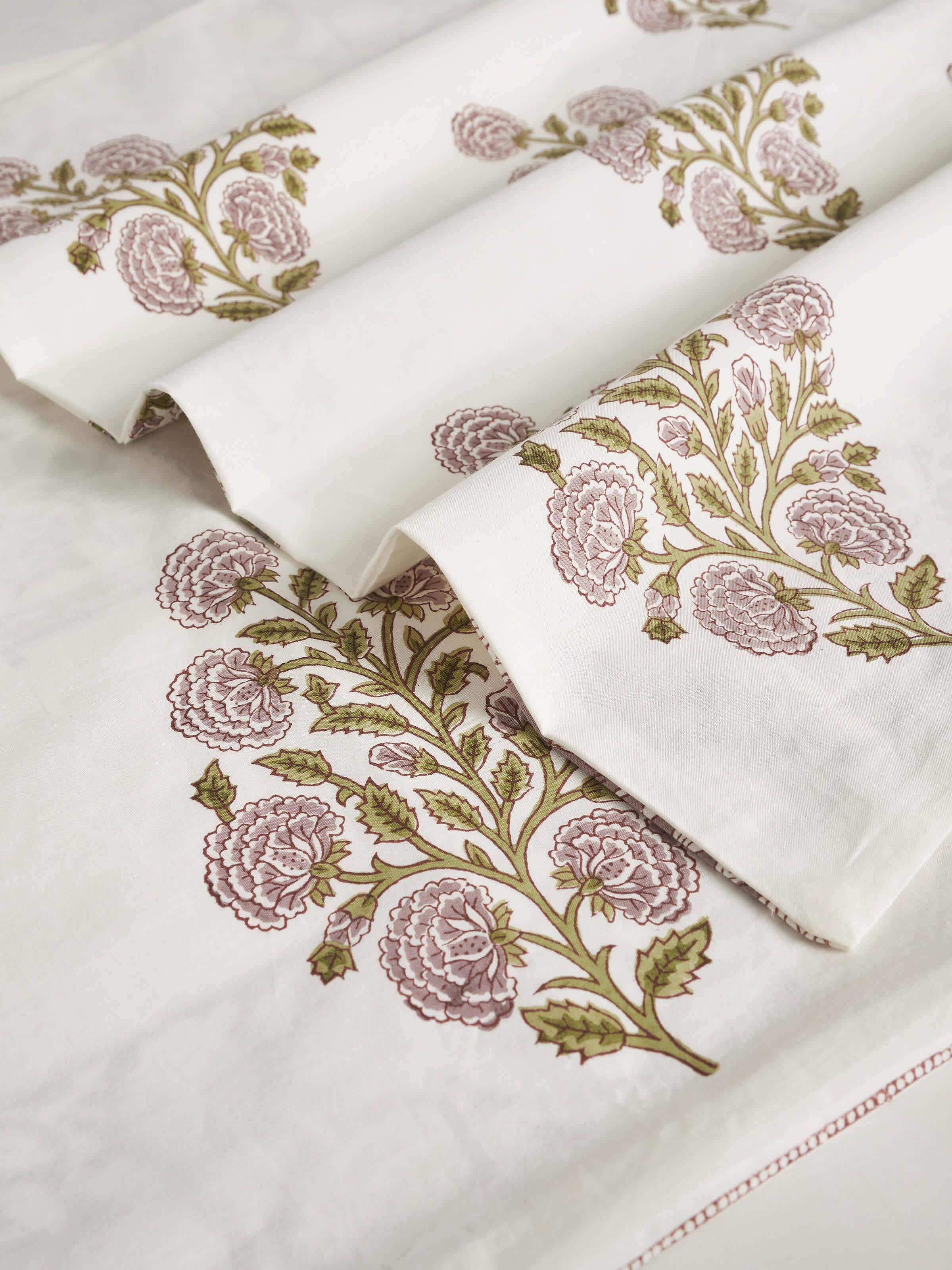 Detailed view of Saha Lavender Floral Cotton Sanganeri Block Printed King Bedsheet Set (3 pcs) with focus on the fabric and print details.