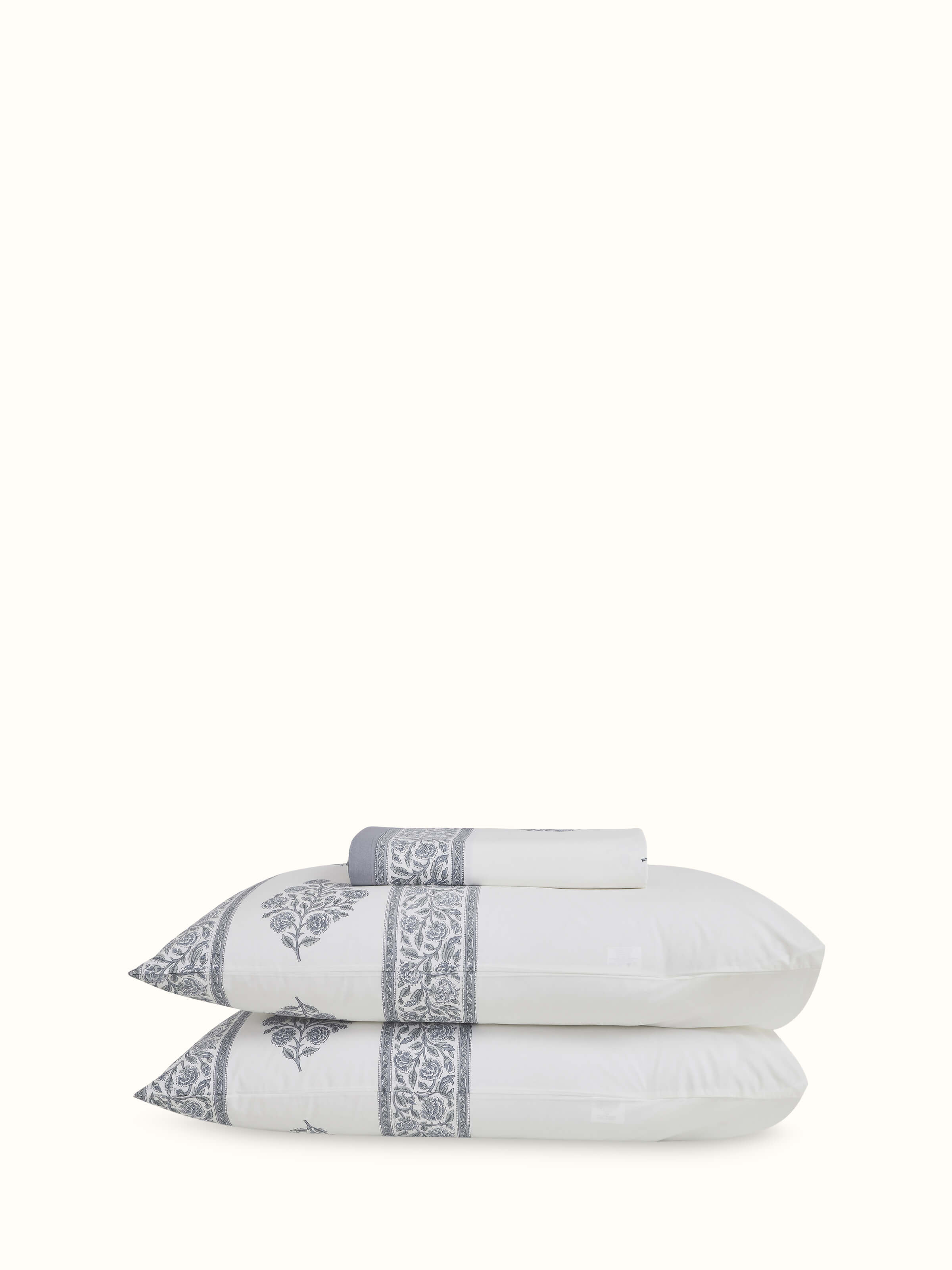 Front view of Saha grey buta cotton Sanganeri block printed queen bedsheet set (3 pcs) showing the block print pattern and fabric.