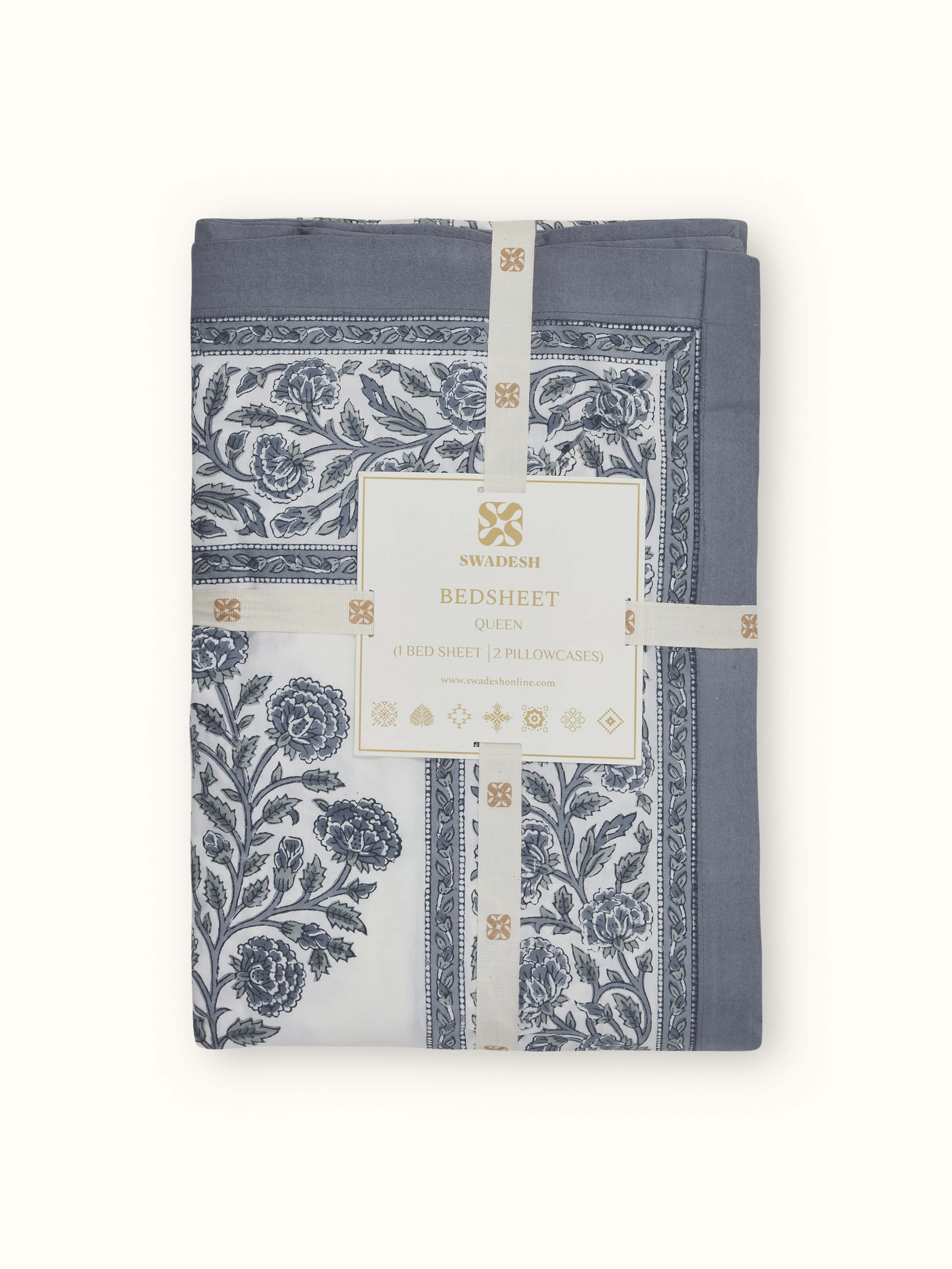 Detailed view of Saha grey buta cotton Sanganeri block printed queen bedsheet set (3 pcs) focusing on the block print pattern and fabric texture.