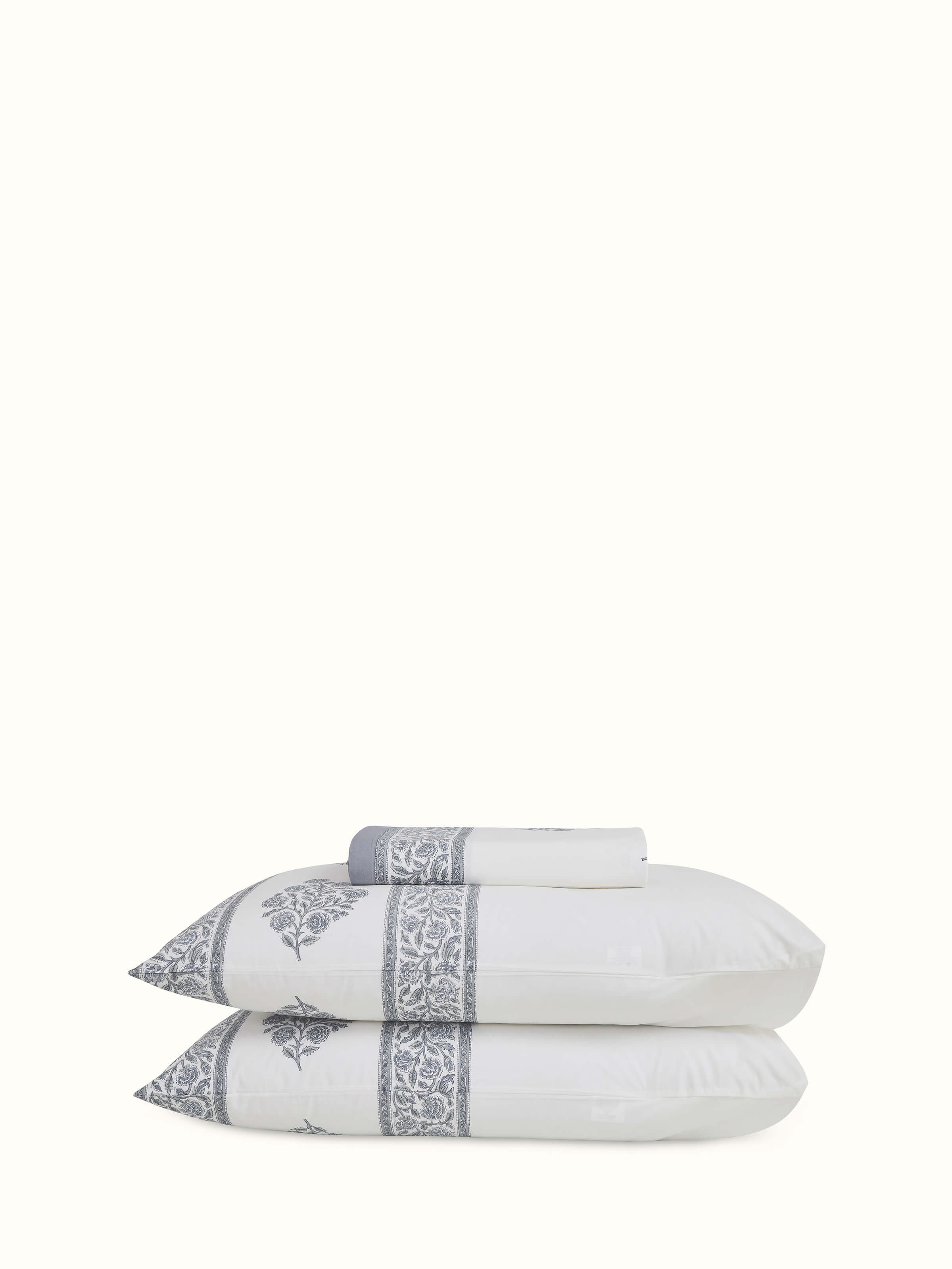 Detailed shot of Saha grey buta cotton Sanganeri block printed king bedsheet set showing intricate block print patterns