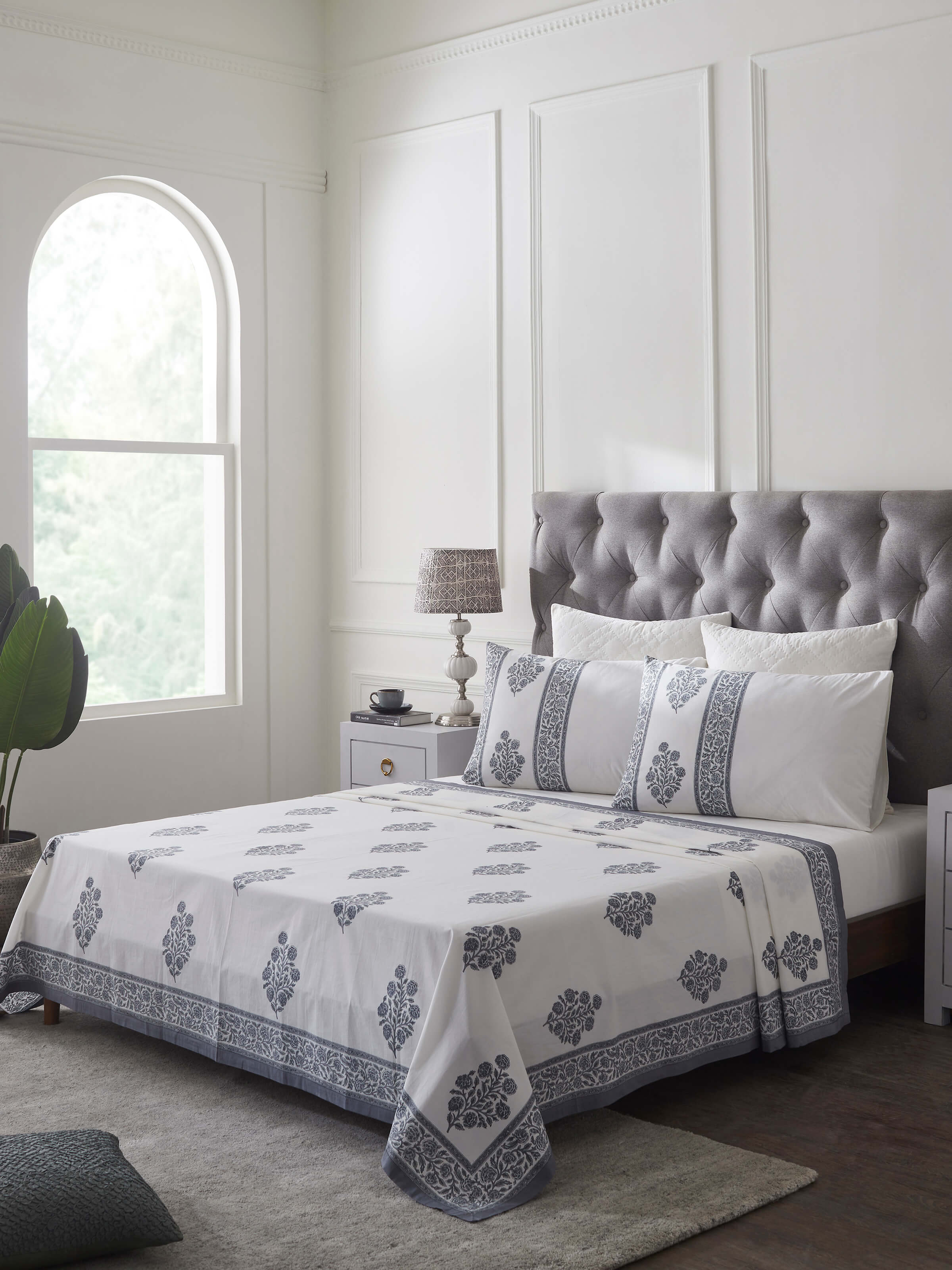 Side view of Saha grey buta cotton Sanganeri block printed king bedsheet set showcasing the overall design and patterns