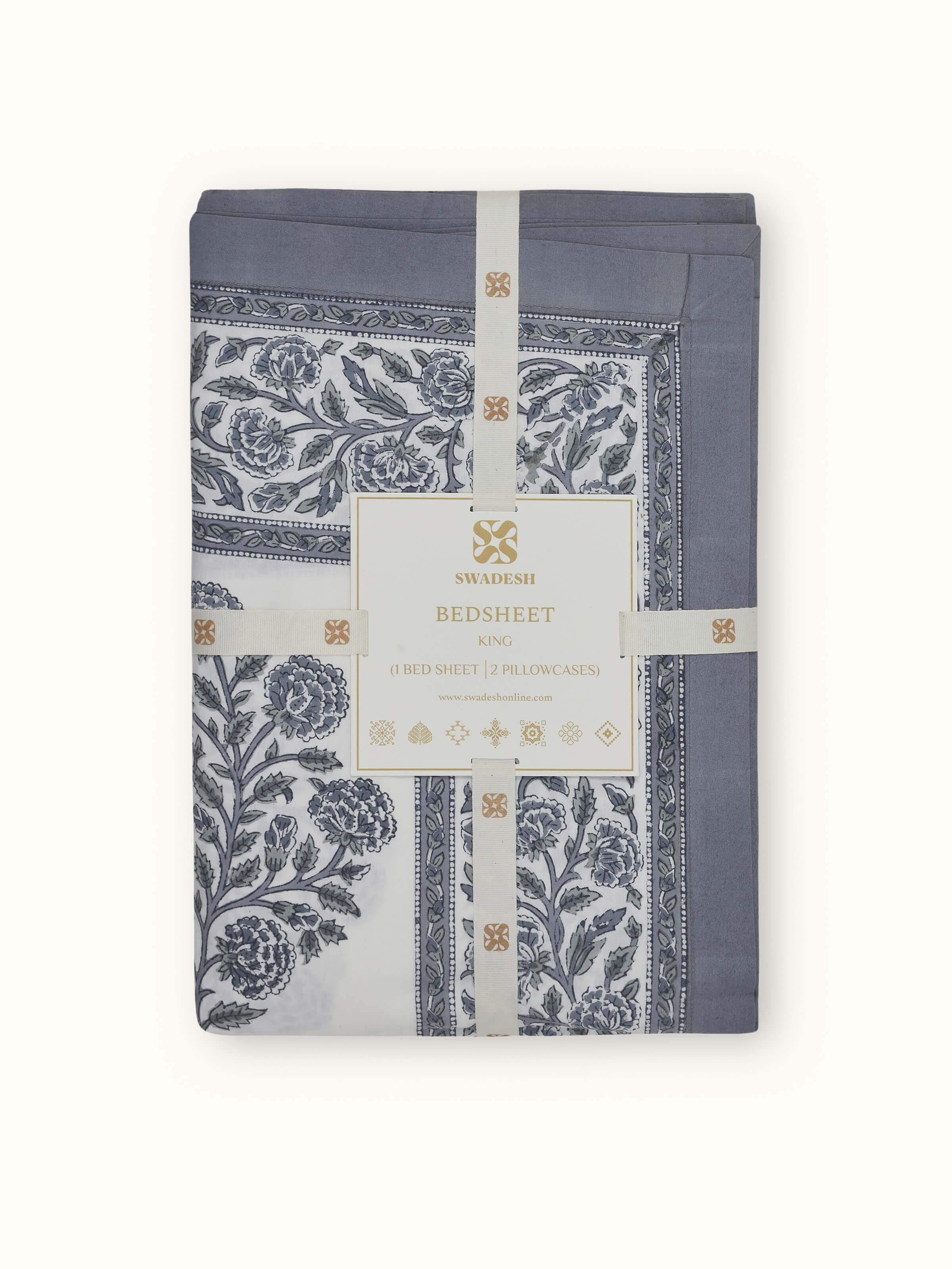 Back view of Saha grey buta cotton Sanganeri block printed king bedsheet set showing the detailed block printing design