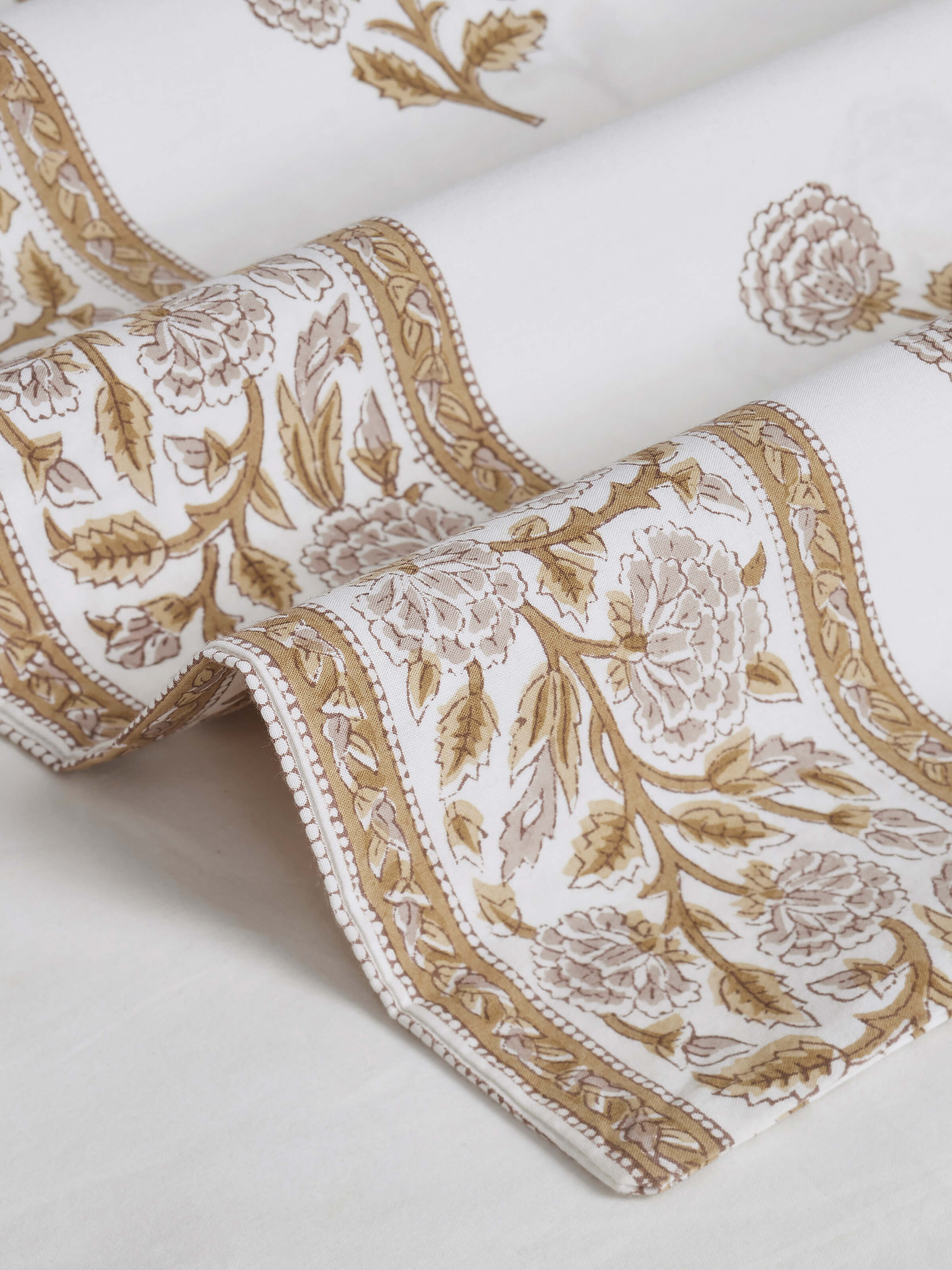 Detailed view of Saha Brown Buta Cotton Sanganeri Block Printed Queen Bedsheet Set (3 pcs), emphasizing the intricate block print design.