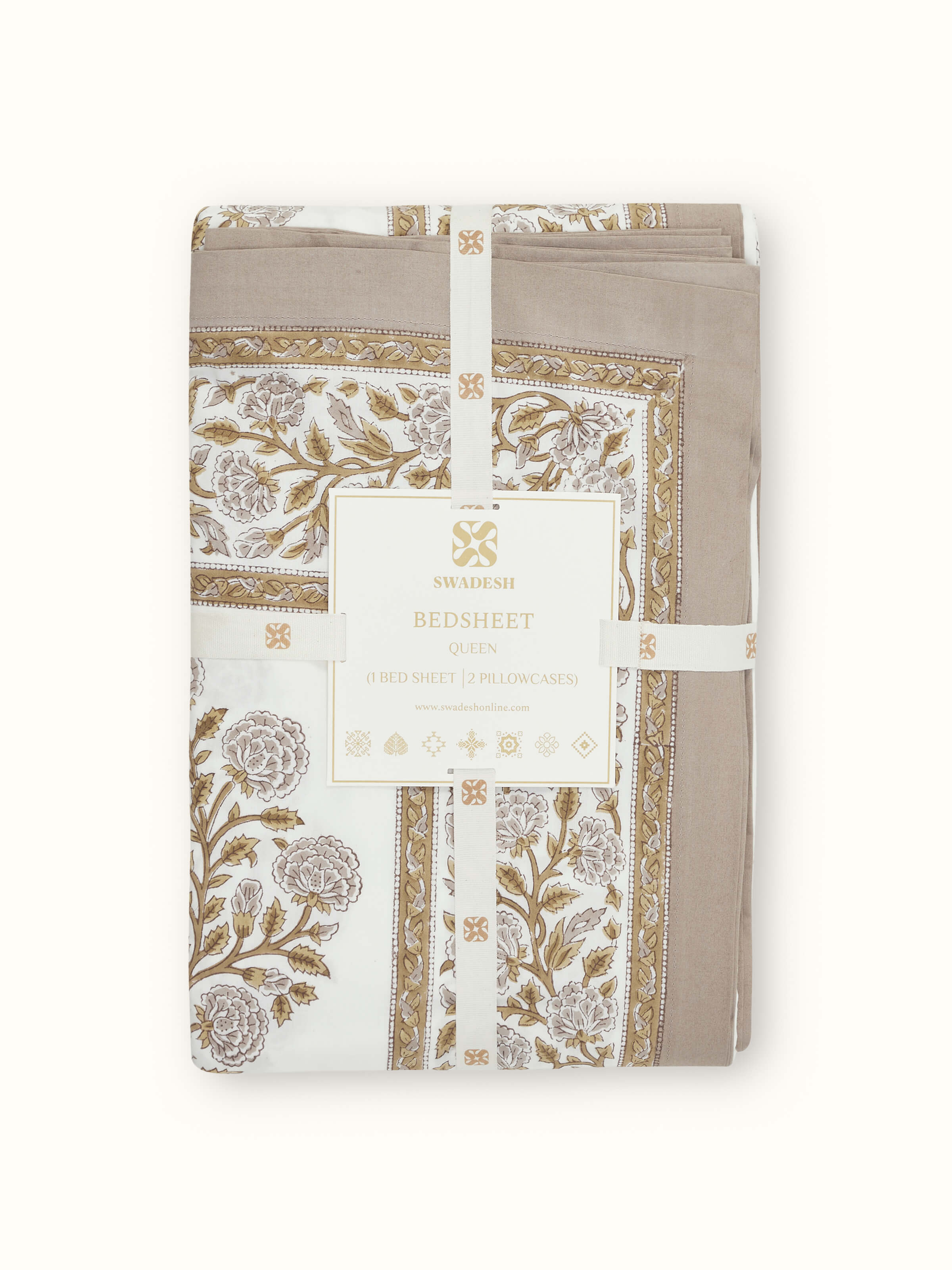 Angled view of Saha Brown Buta Cotton Sanganeri Block Printed Queen Bedsheet Set (3 pcs), showing the complete set and block print pattern.