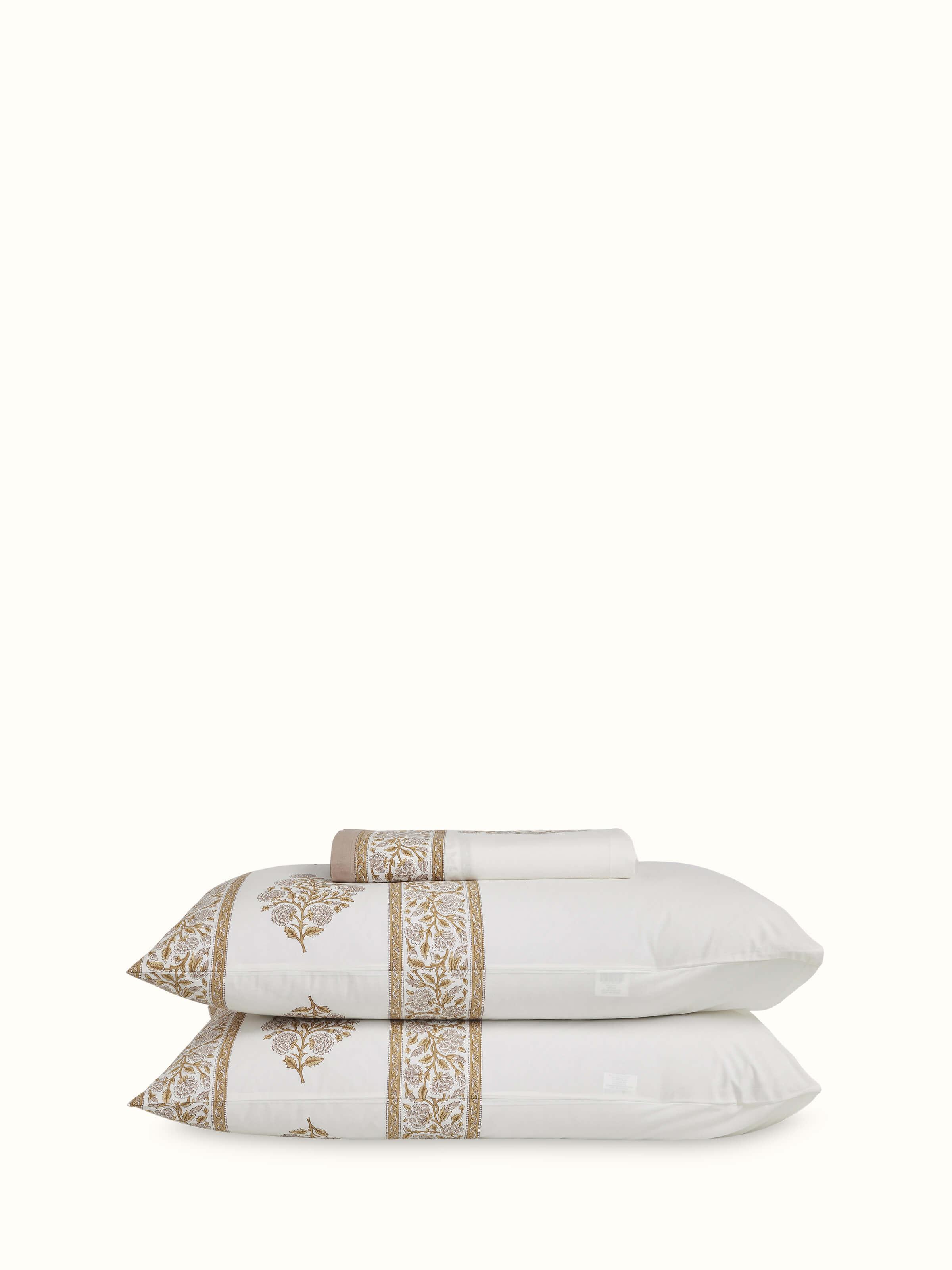Saha brown buta cotton Sanganeri block printed king bedsheet set, showcasing the detailed block print and rich brown color.